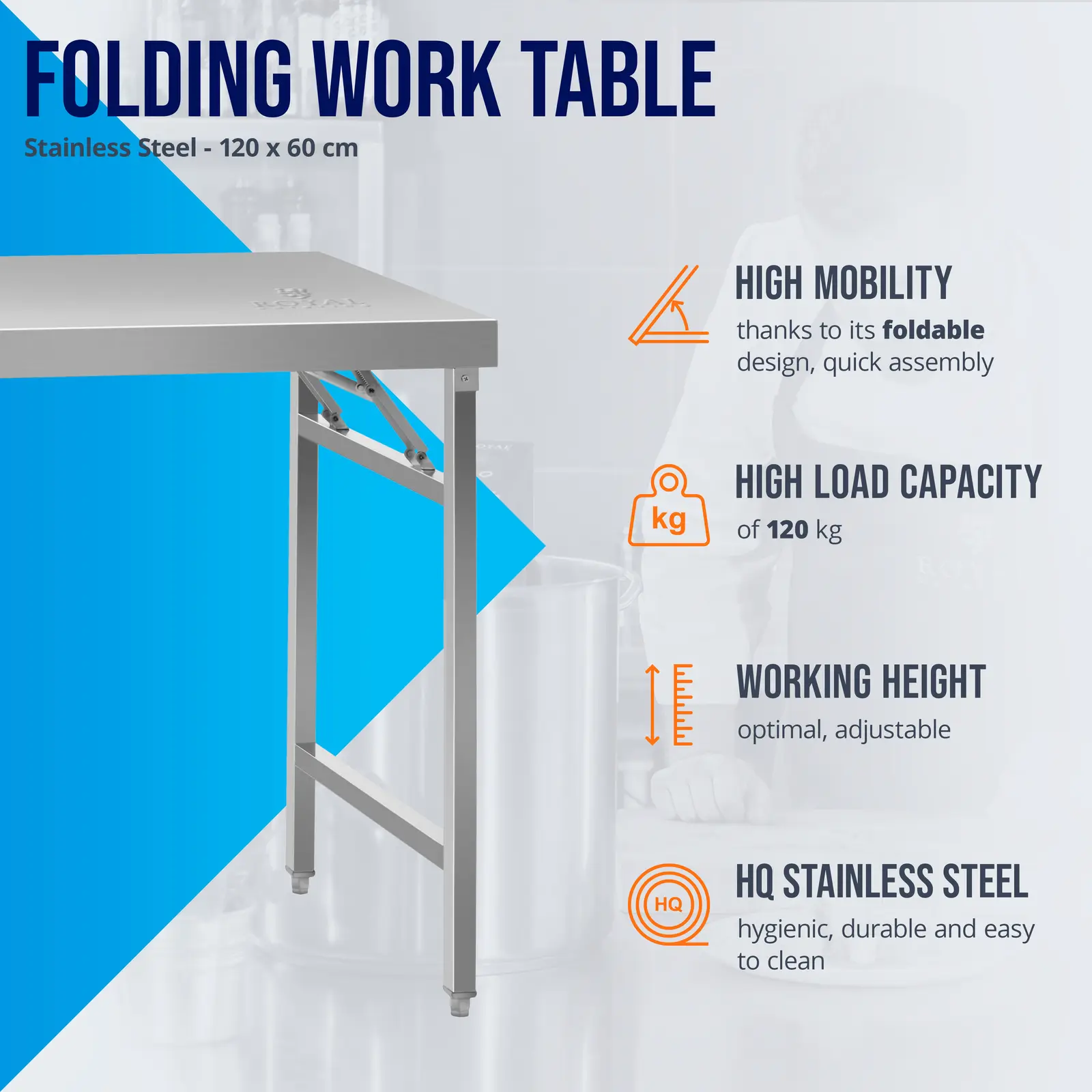 Mesa de trabalho dobrável - 60 x 120 cm - aço inoxidável