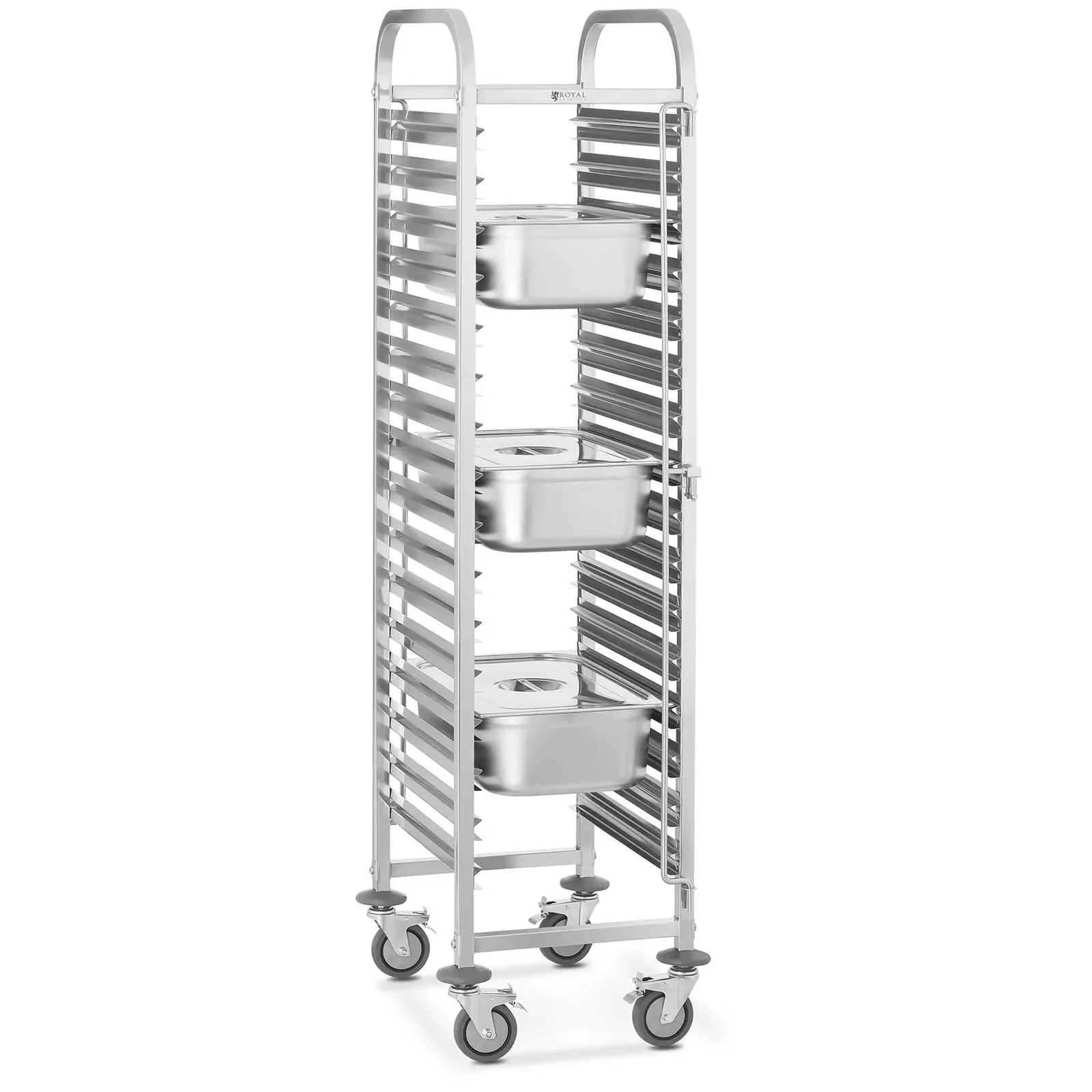 Tablettwagen - Edelstahl - für 16 x GN 1/1 - Längseinschub - 160 kg - 2 Sicherheitsbügel - Royal Catering 