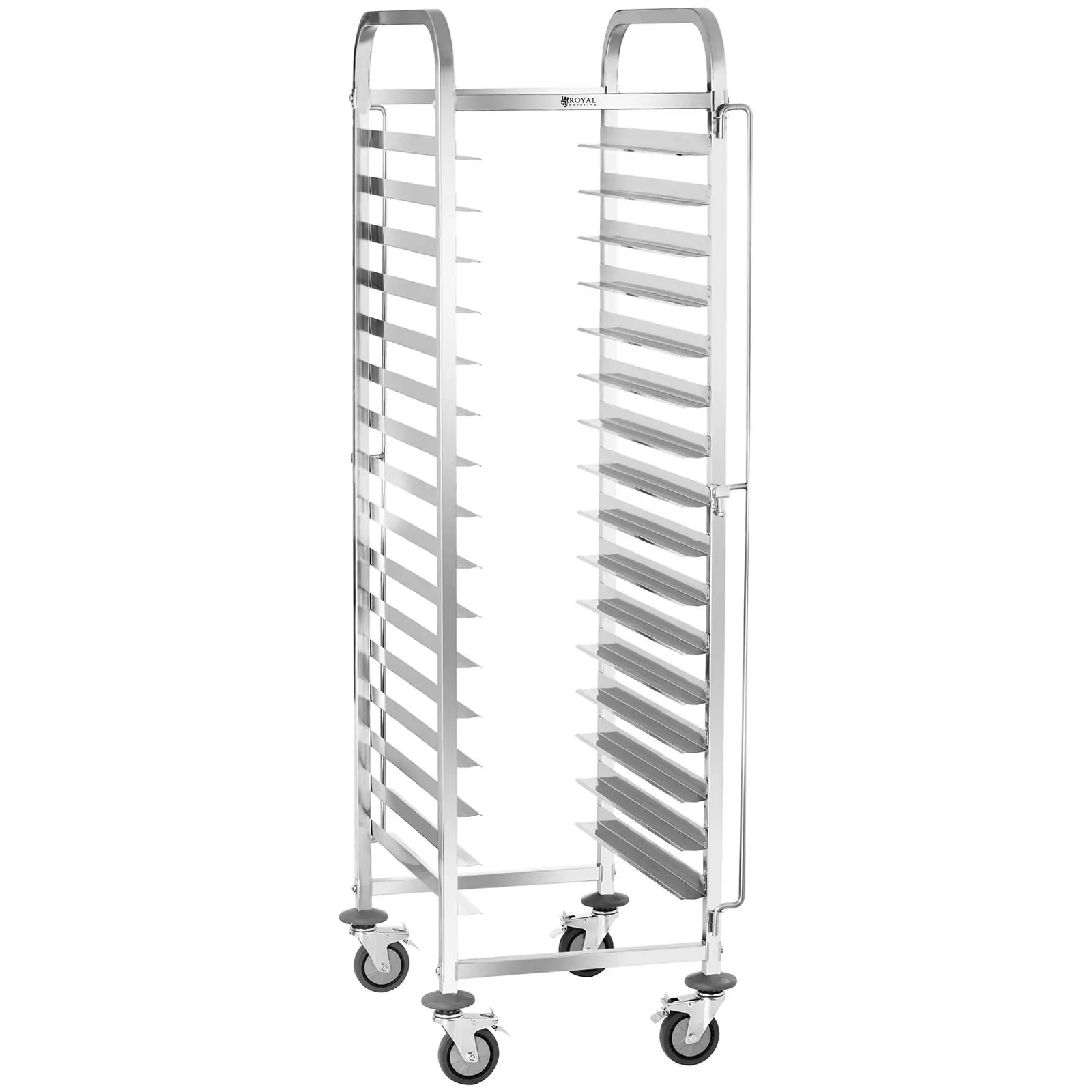 Tarjotinvaunu - ruostumatonta terästä - 16 tasoa - tasot: 40 x 60 cm - 160 kg - 2 turvakiskoa - Royal Catering