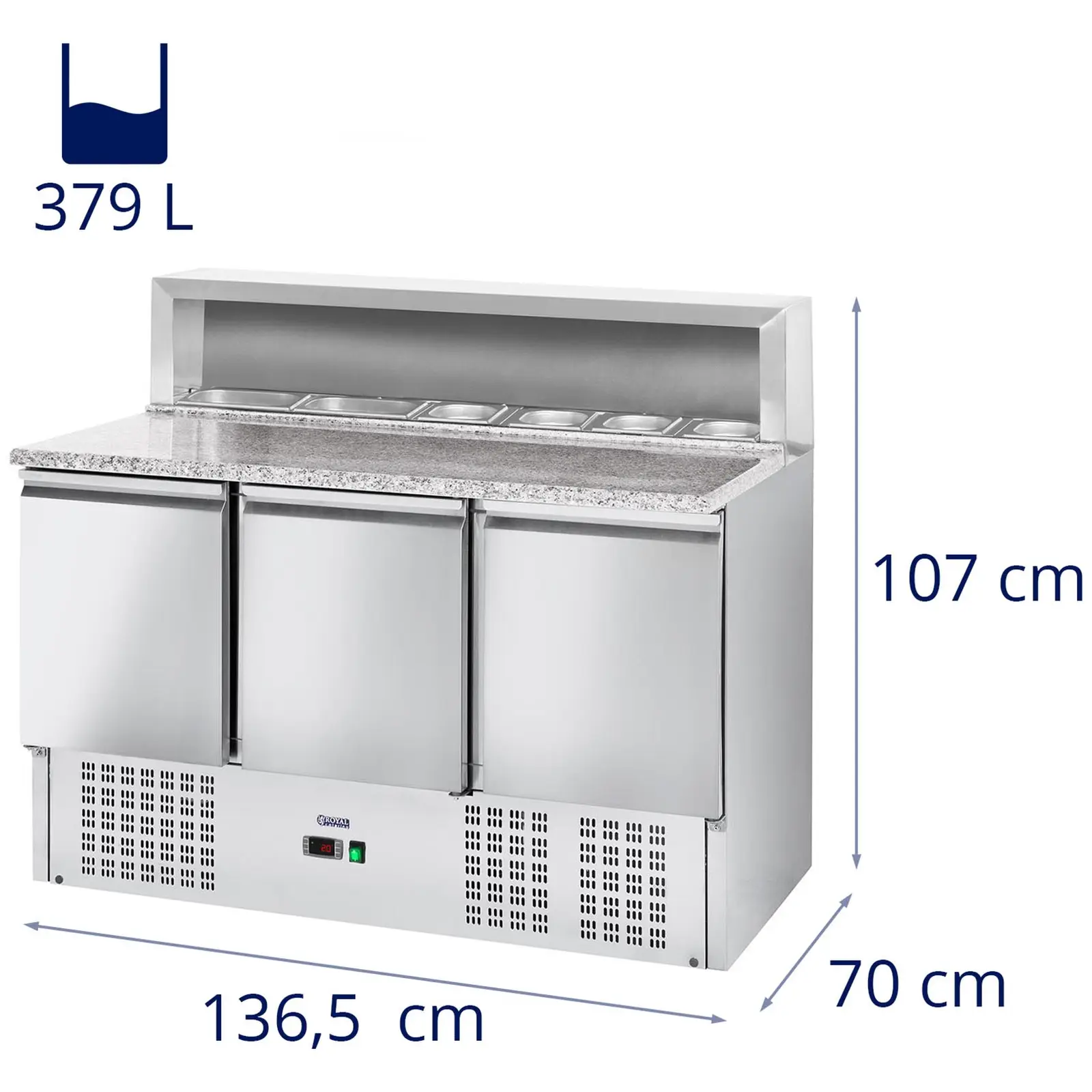 Mesa refrigerada para pizza - 379 L - encimera de granito - 3 puertas