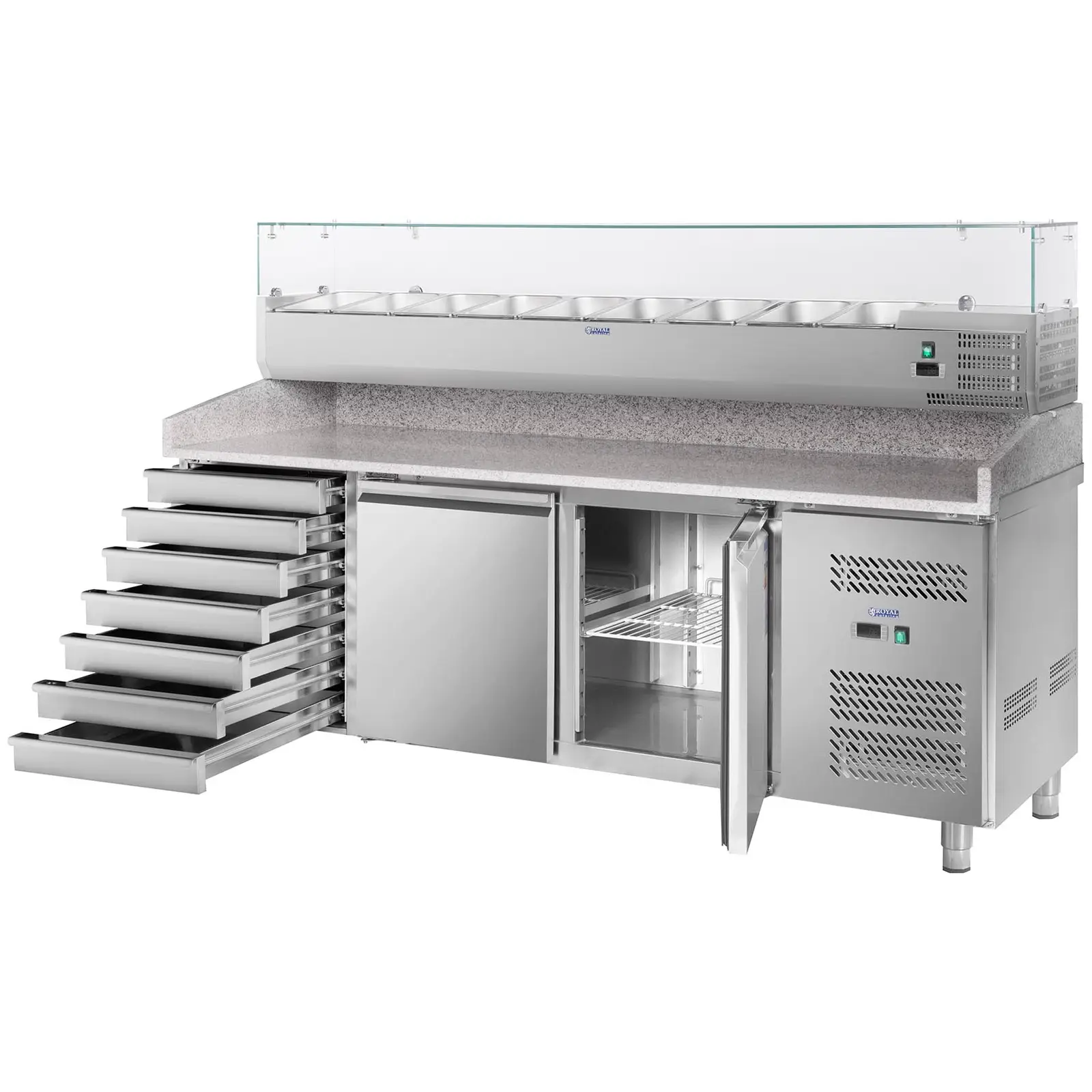 Pizzakühltisch mit Kühlaufsatzvitrine - 702 L - Granitarbeitsplatte - 2 Türen