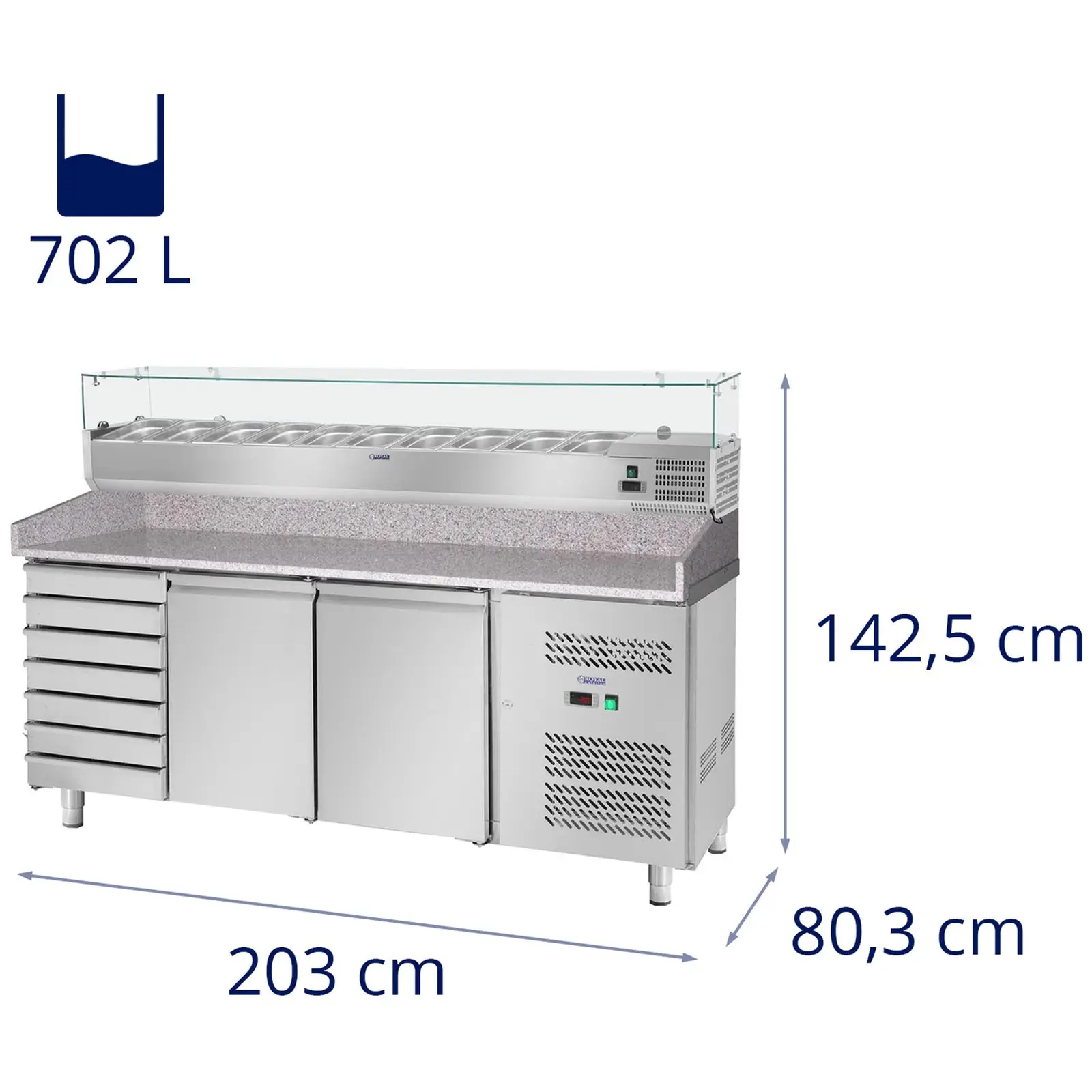 Pizzakühltisch mit Kühlaufsatzvitrine - 702 L - Granitarbeitsplatte - 2 Türen