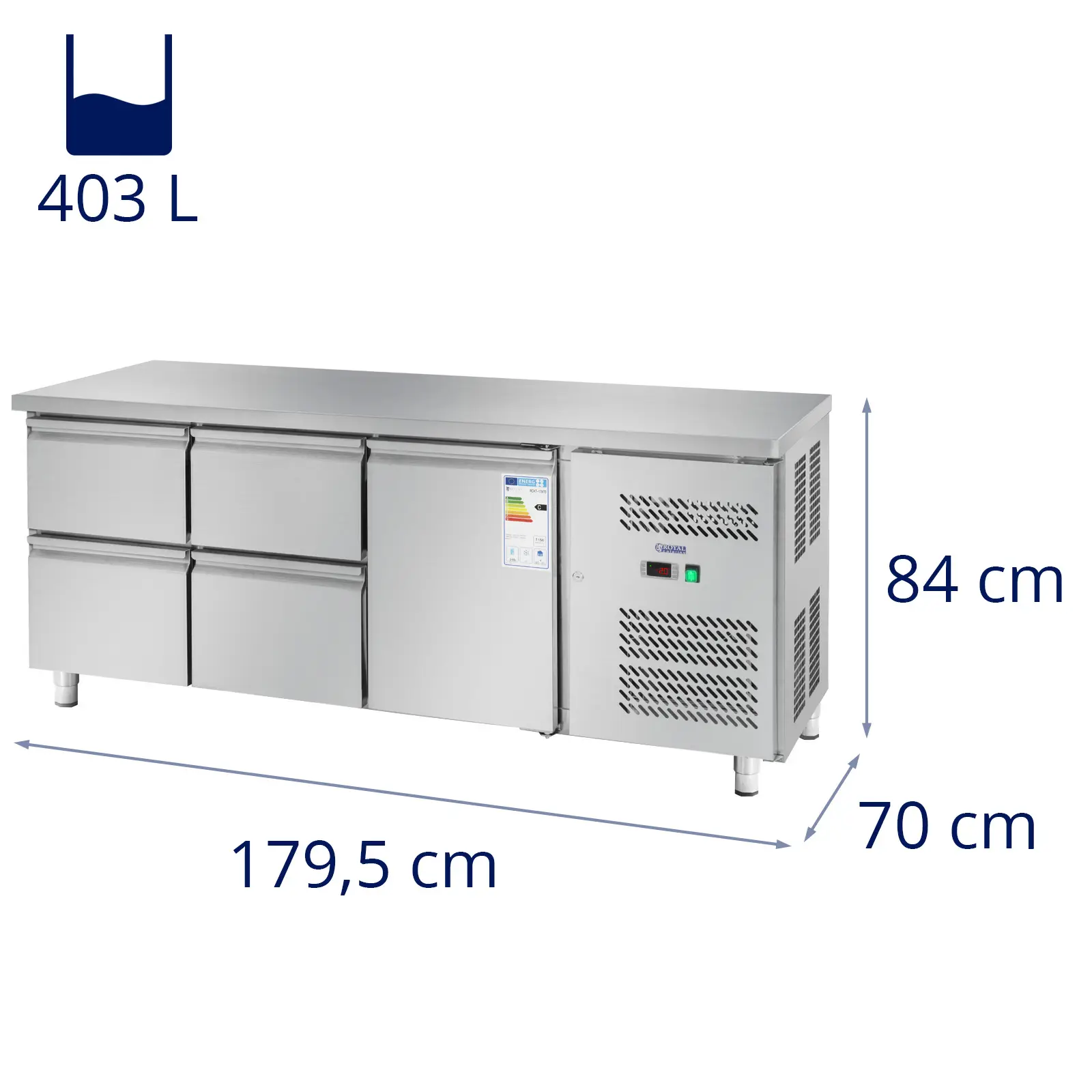 Chladicí stůl - 403 l - 1 přihrádka - 4 zásuvky - 179,5 x 71 cm - třída B - ušlechtilá ocel - Royal Catering (Emitovaný hluk: 42 dB)