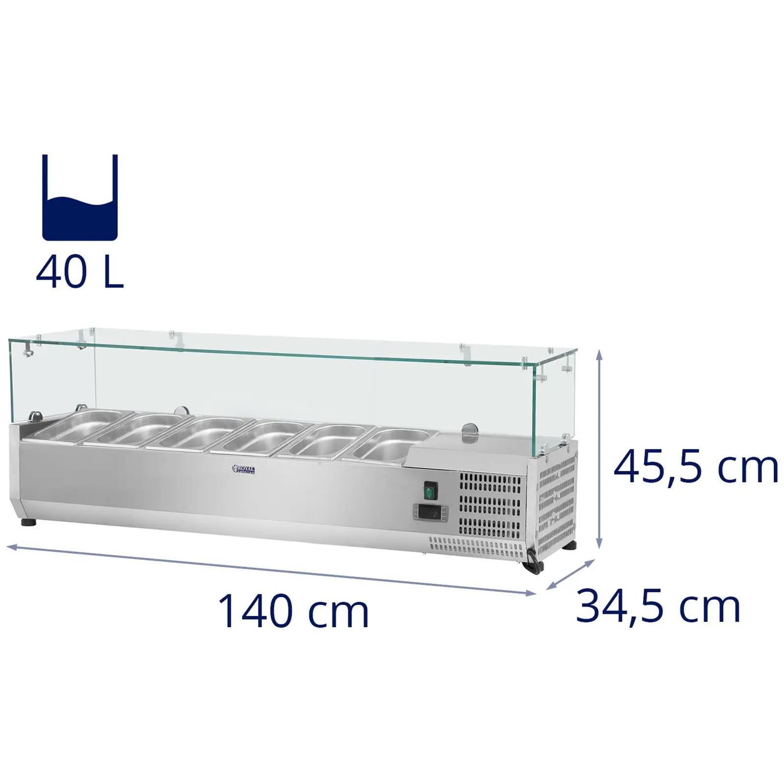 Επιτραπέζια ψυχόμενη βιτρίνα - 140 x 33 cm - 6 δοχεία GN 1/4 - Γυάλινο κάλυμμα