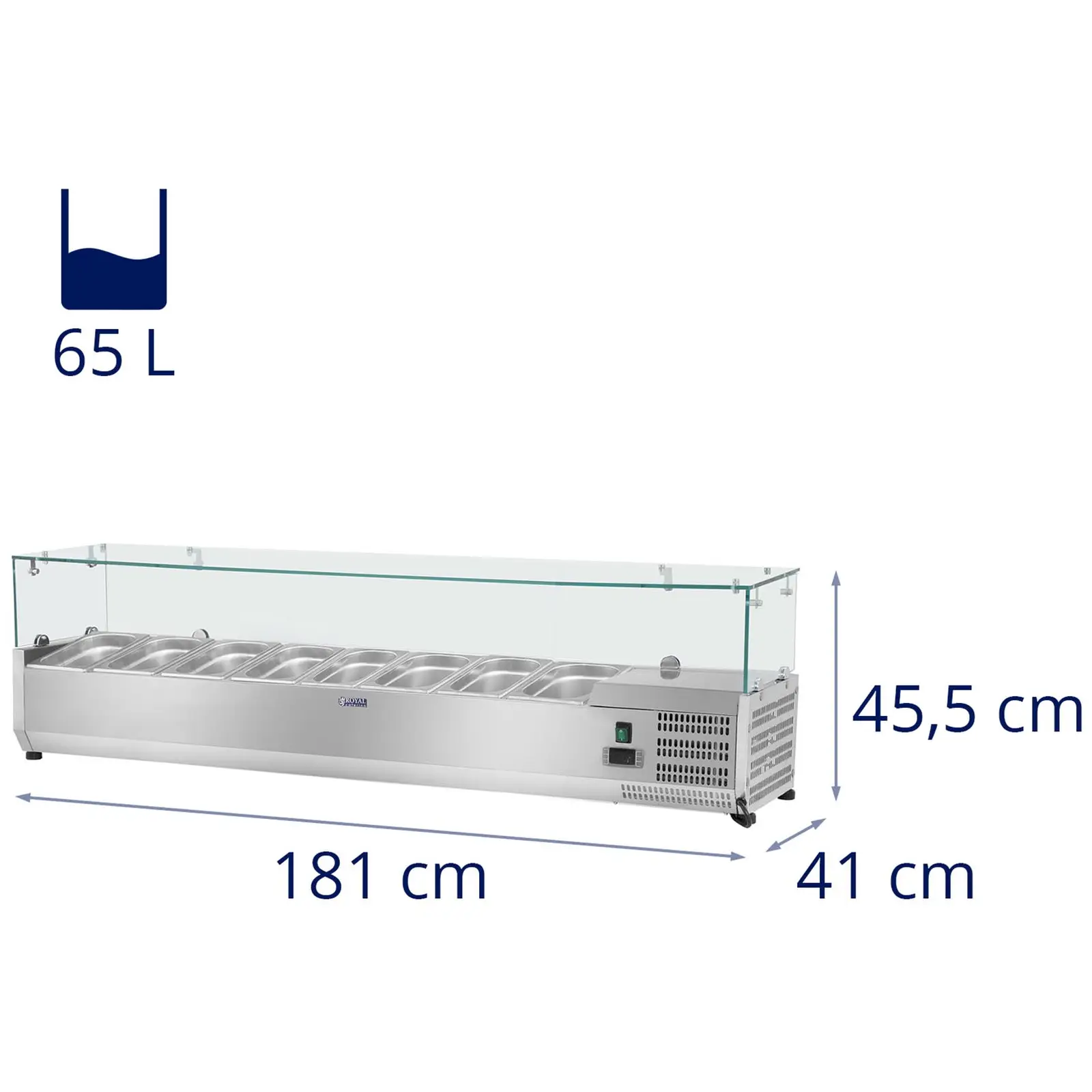 Kjølevitrine - 180 x 39 cm - 8 GN-beholdere (1/3) - med glass