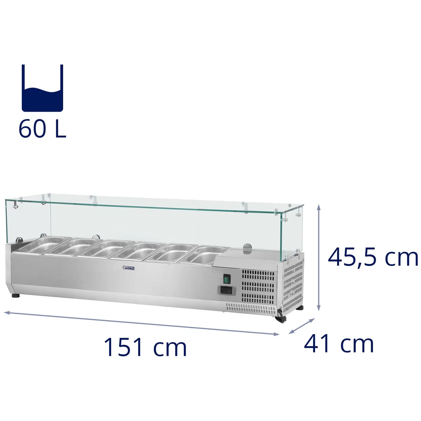 Kühlaufsatzvitrine - 150 x 39 cm - 6 GN 1/3 Behälter - Glasabdeckung