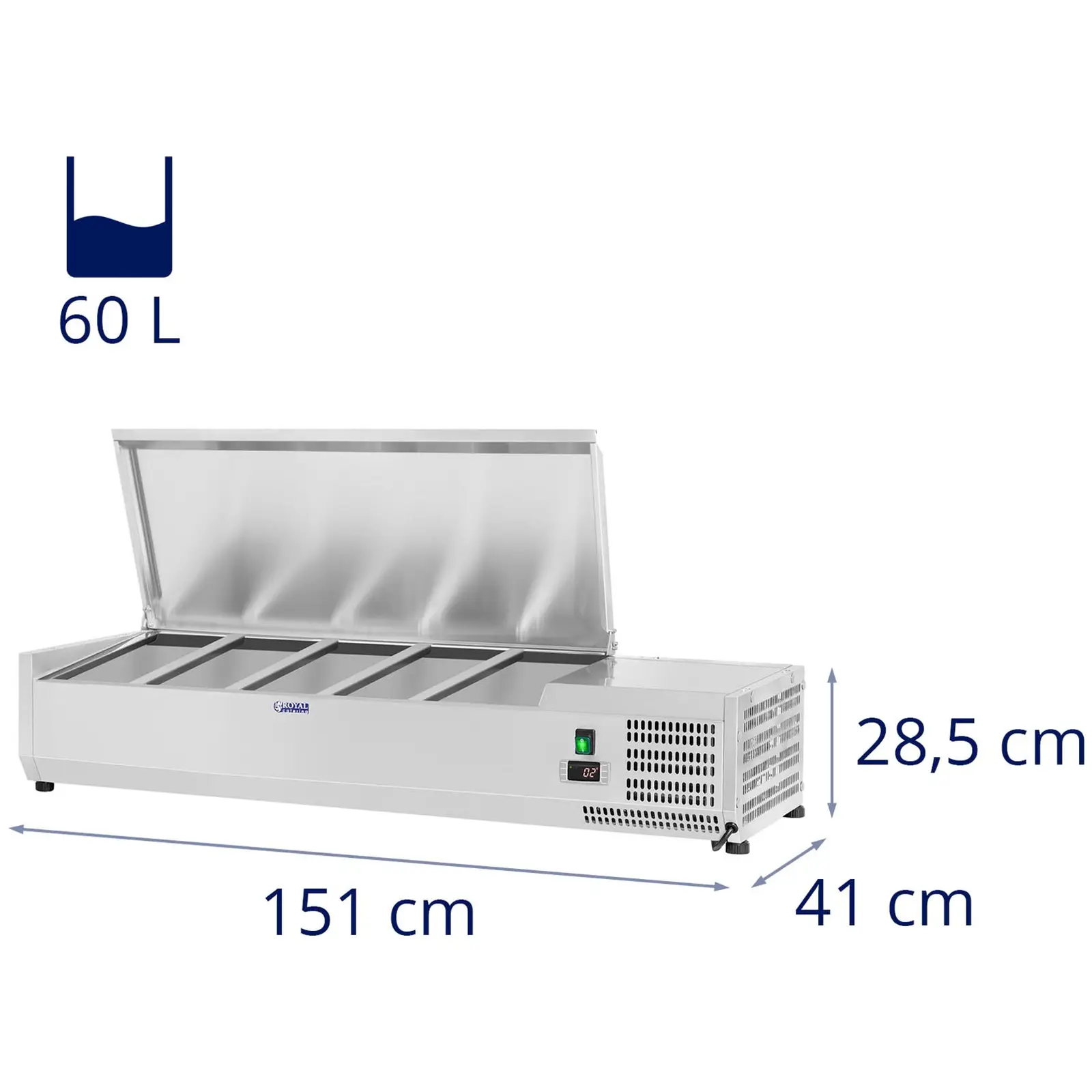 Kølevitrine - 150 x 39 cm - 5 gastrobakker (GN 1/3) og 1 gastrobakke (GN 1/2)