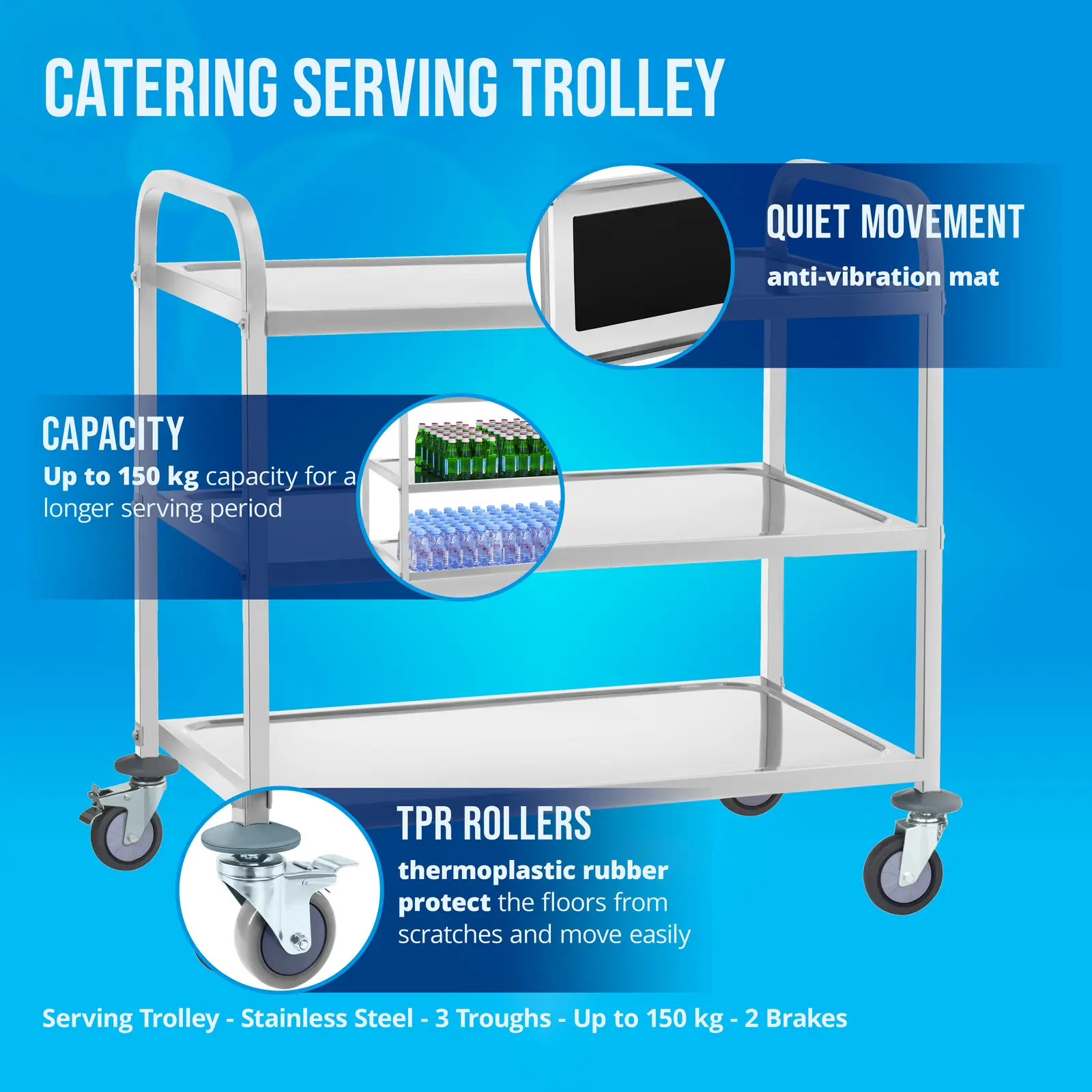 Occasion Chariot de service en acier - 3 plateaux - 150 kg max. - 2 freins