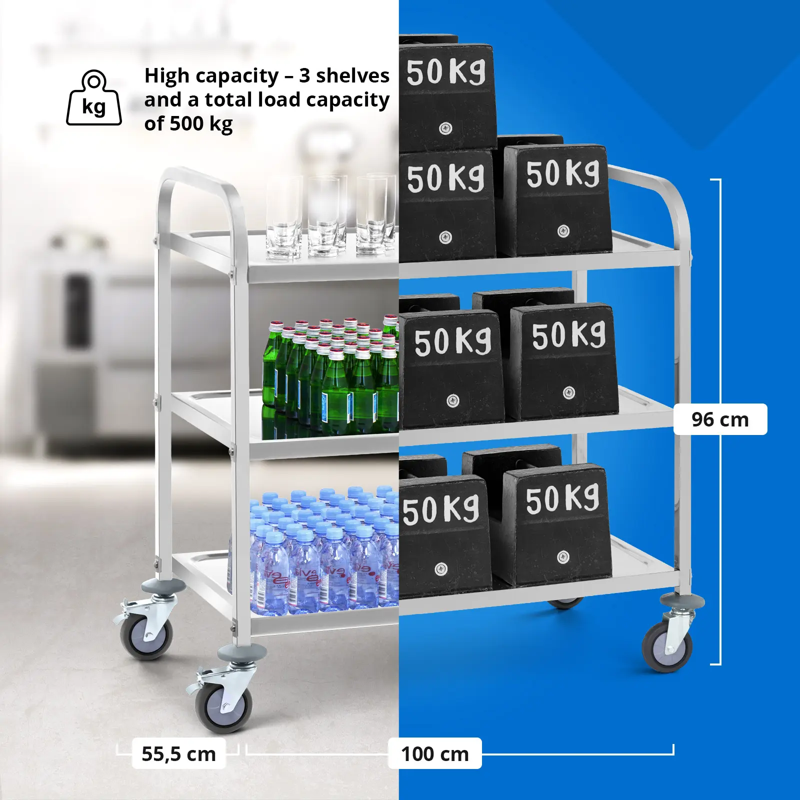 Serveringsvagn - rostfritt stål - 3 hyllplan - 150 kg (Diameter, hjul: 100 mm)