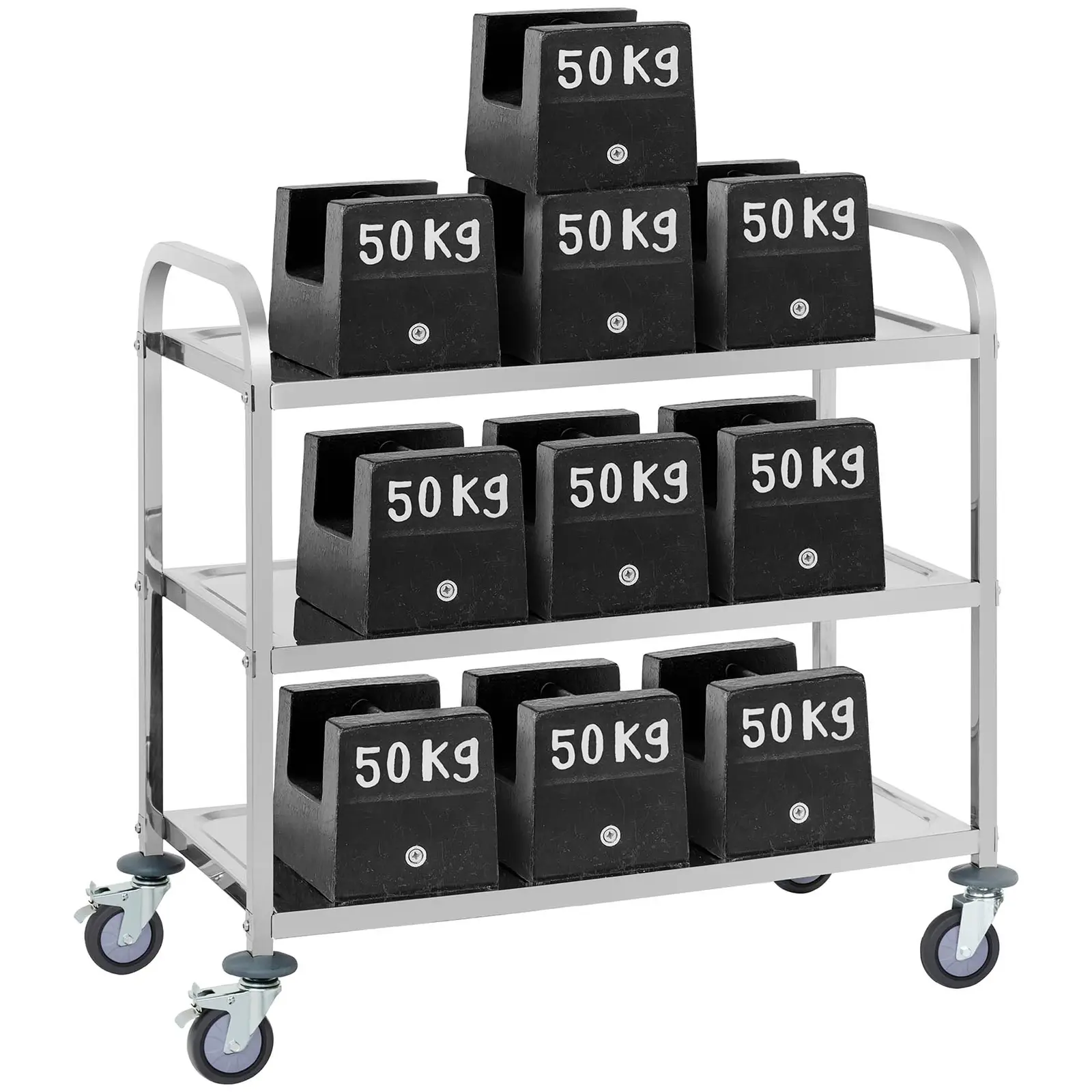 Servírovací vozík z ušlechtilé ocele - 3 police - nosnost do 150 kg - 2 brzdy (Průměr koleček: 100 mm)