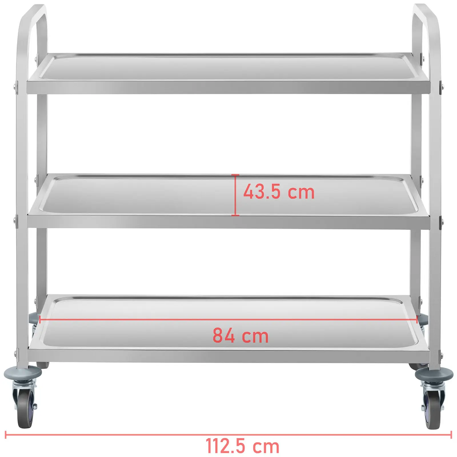 Servírovací vozík z ušlechtilé ocele - 3 police - nosnost do 150 kg - 2 brzdy (Počet koleček: 4 Pc)