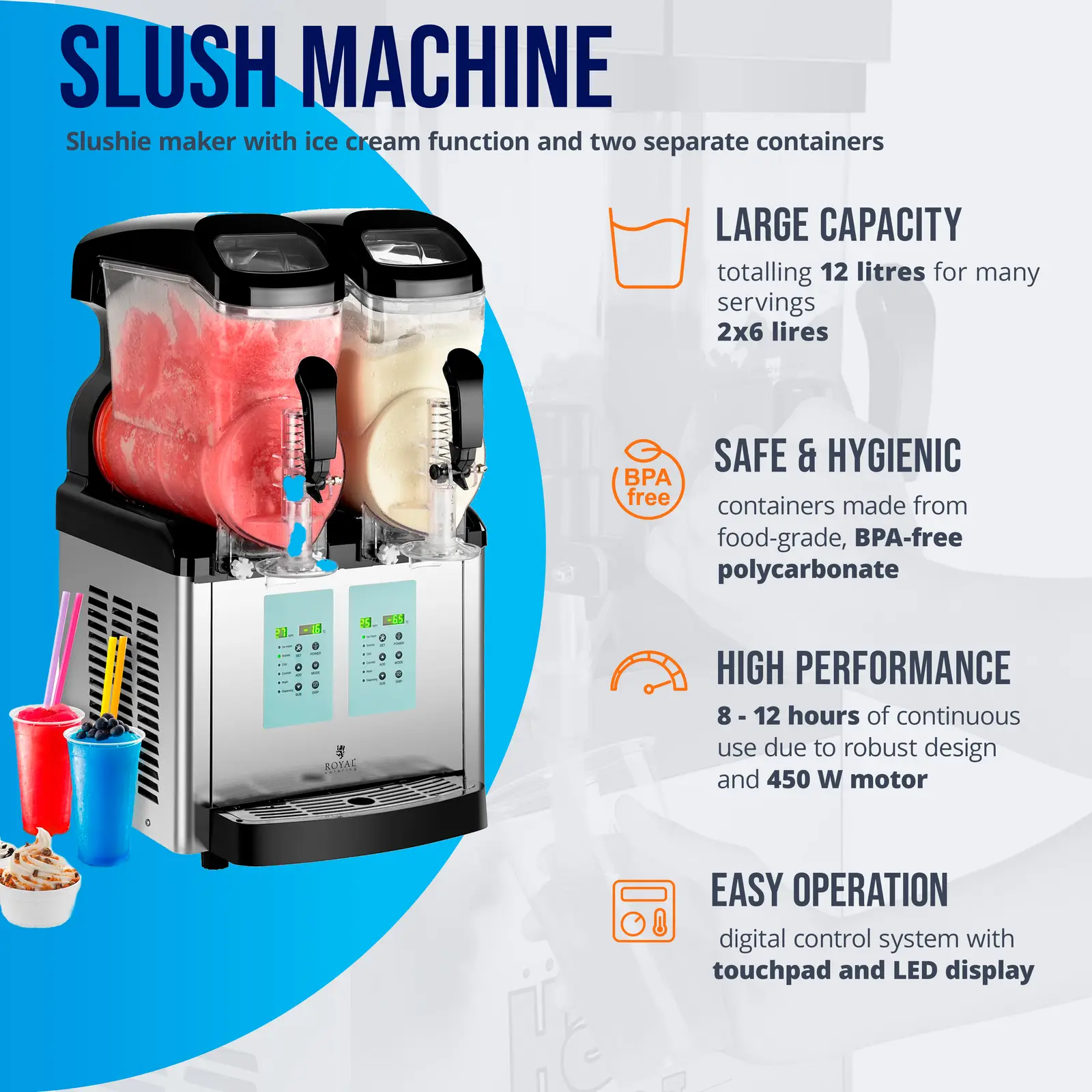 Slush-/pehmiskone - 2 x 6 litraa - -20 °C minimilämpötila - jäätelötoiminto