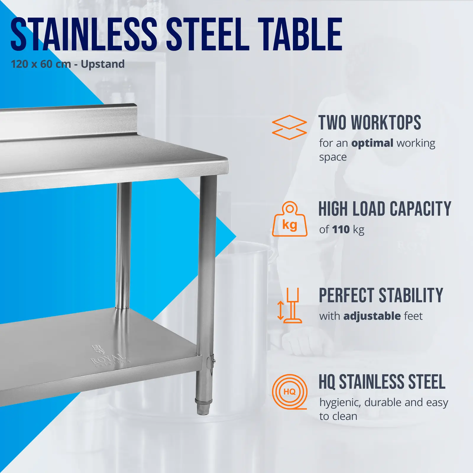 Occasion Table de travail en inox - 120 x 60 cm - Capacité de 110 kg - Avec dosseret