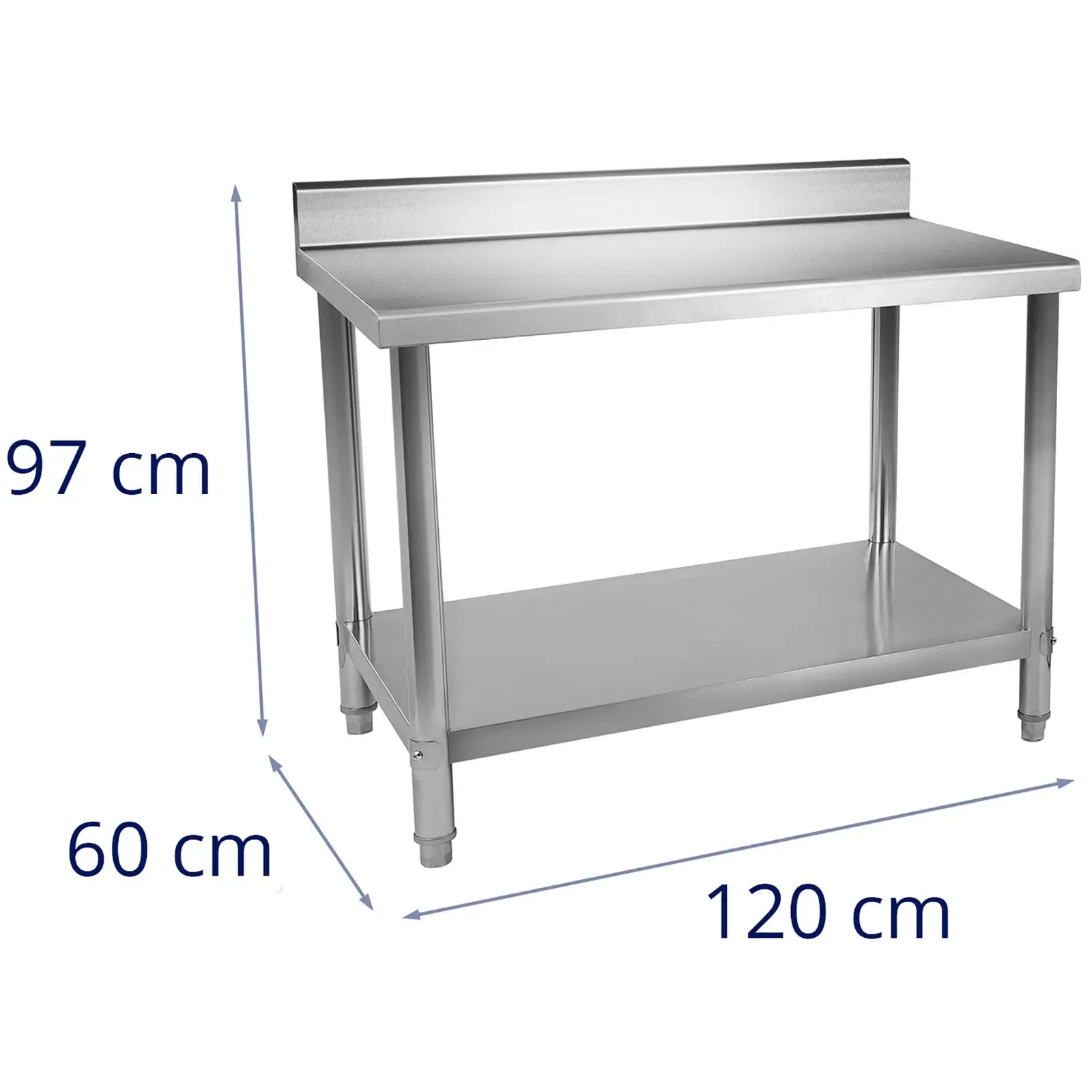 Pracovní stůl z ušlechtilé oceli - ECO - 120 x 60 cm - 110 kg - stojan - Royal Catering (Maximální odolnost dolní police: 100 kg)