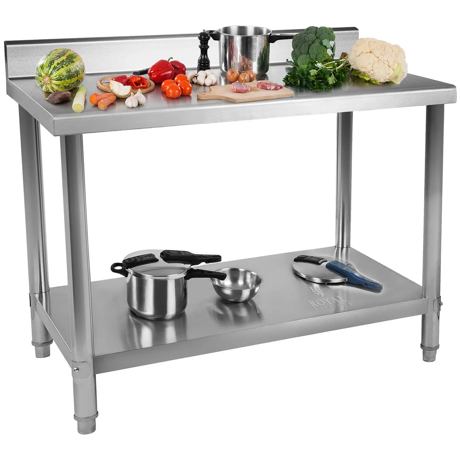 Pracovní stůl z ušlechtilé oceli - ECO - 120 x 70 cm - 250 kg - lemování - Royal Catering - Obrázek produktu