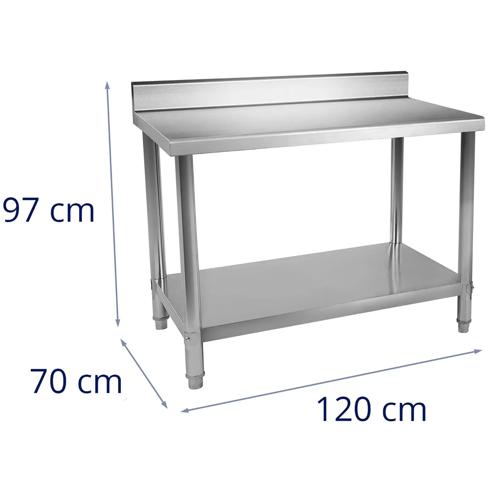 Pracovní stůl z ušlechtilé oceli - ECO - 120 x 70 cm - 115 kg - lemování - Royal Catering (Maximální odolnost dolní police: 100 kg)