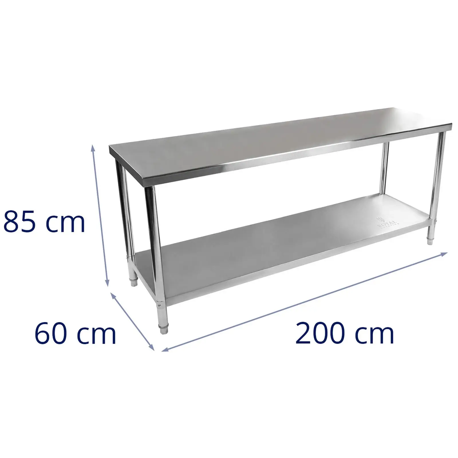 Table de travail inox - ECO - 200 x 60 cm - 160 kg - Royal Catering (Charge max. étagère inférieure: 100 kg)