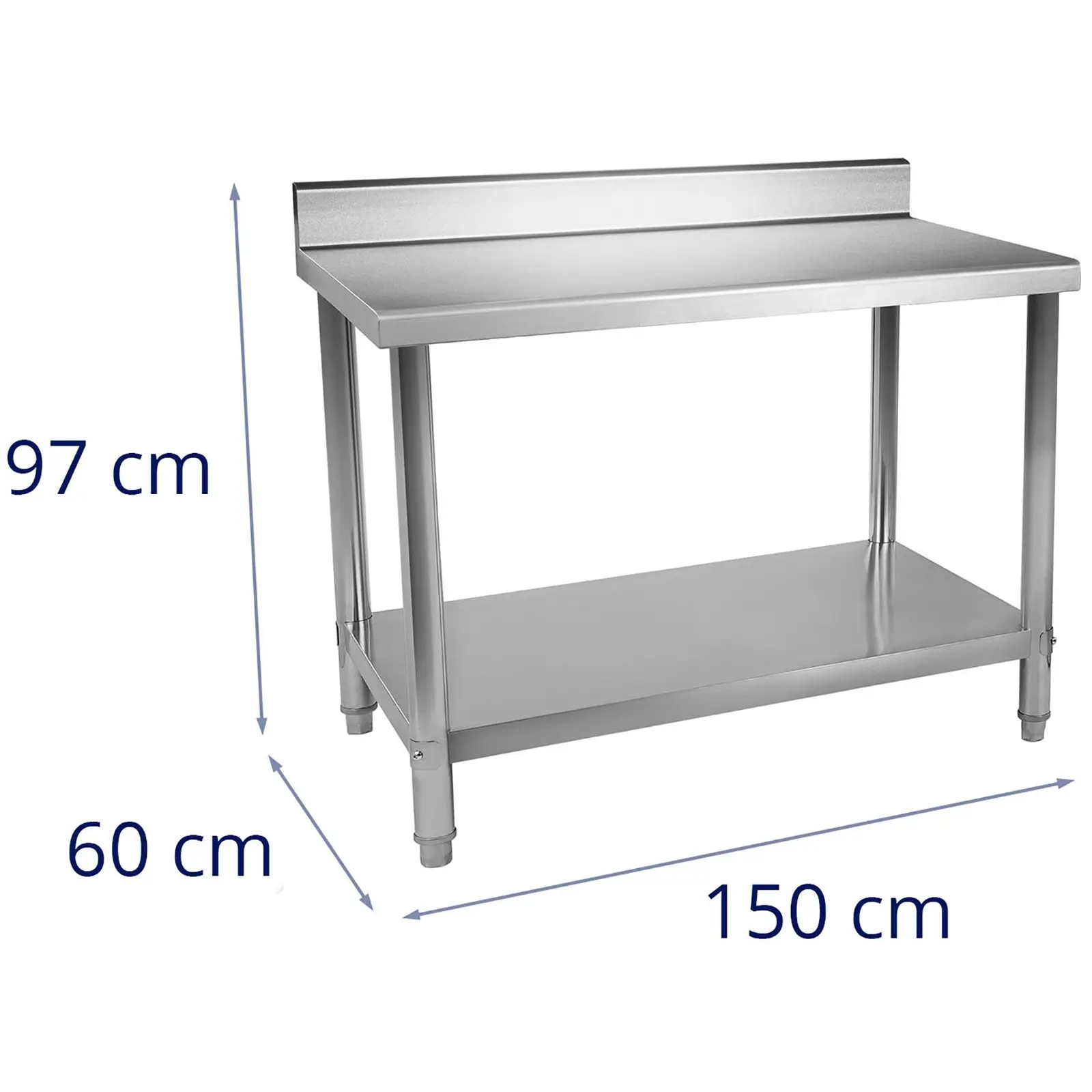 Table de travail en inox - 150 x 60 cm - Avec dosseret - Capacité de charge de 130 kg