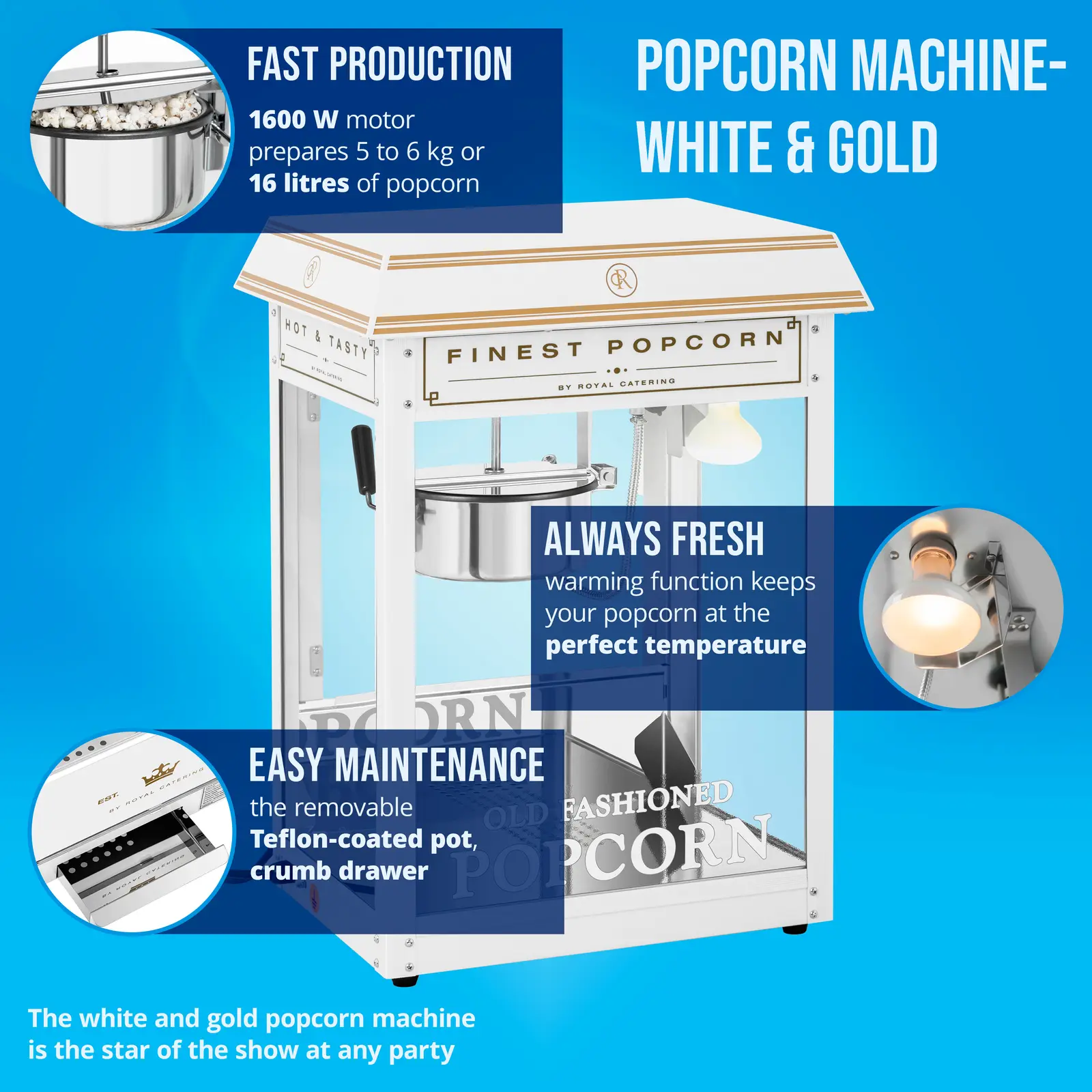 Stroj na popcorn - bílý a zlatý (Osvětlení: Ano)