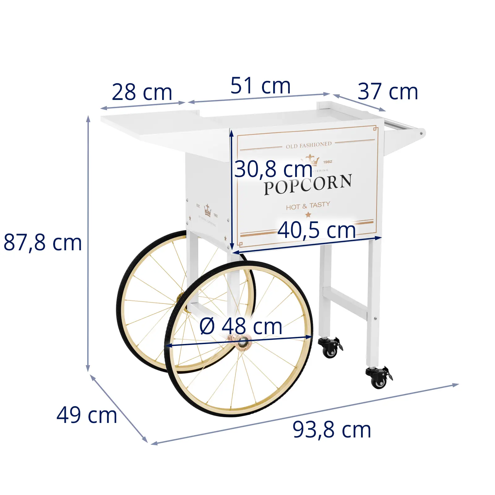 Wagen für Popcornmaschine - 51 x 37 cm - weiß & golden - Royal Catering (Maße Tür [cm]: 52 x 21,2)