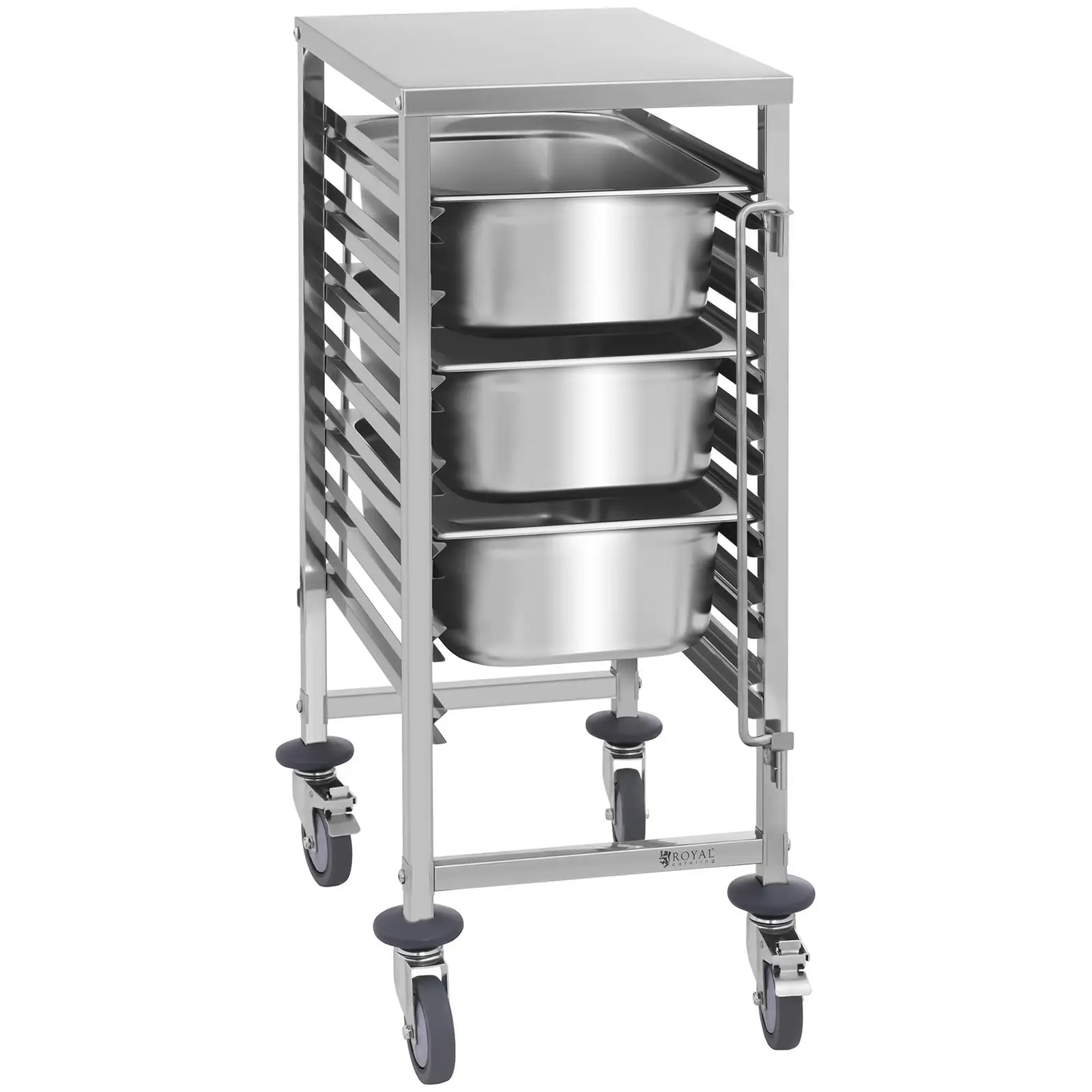 Outlet Wózek transportowy - stal nierdzewna - 7 x GN 1/1 - wstawianie wzdłużne - 90 kg - 2 blokady - Royal Catering - Zdjęcie produktu