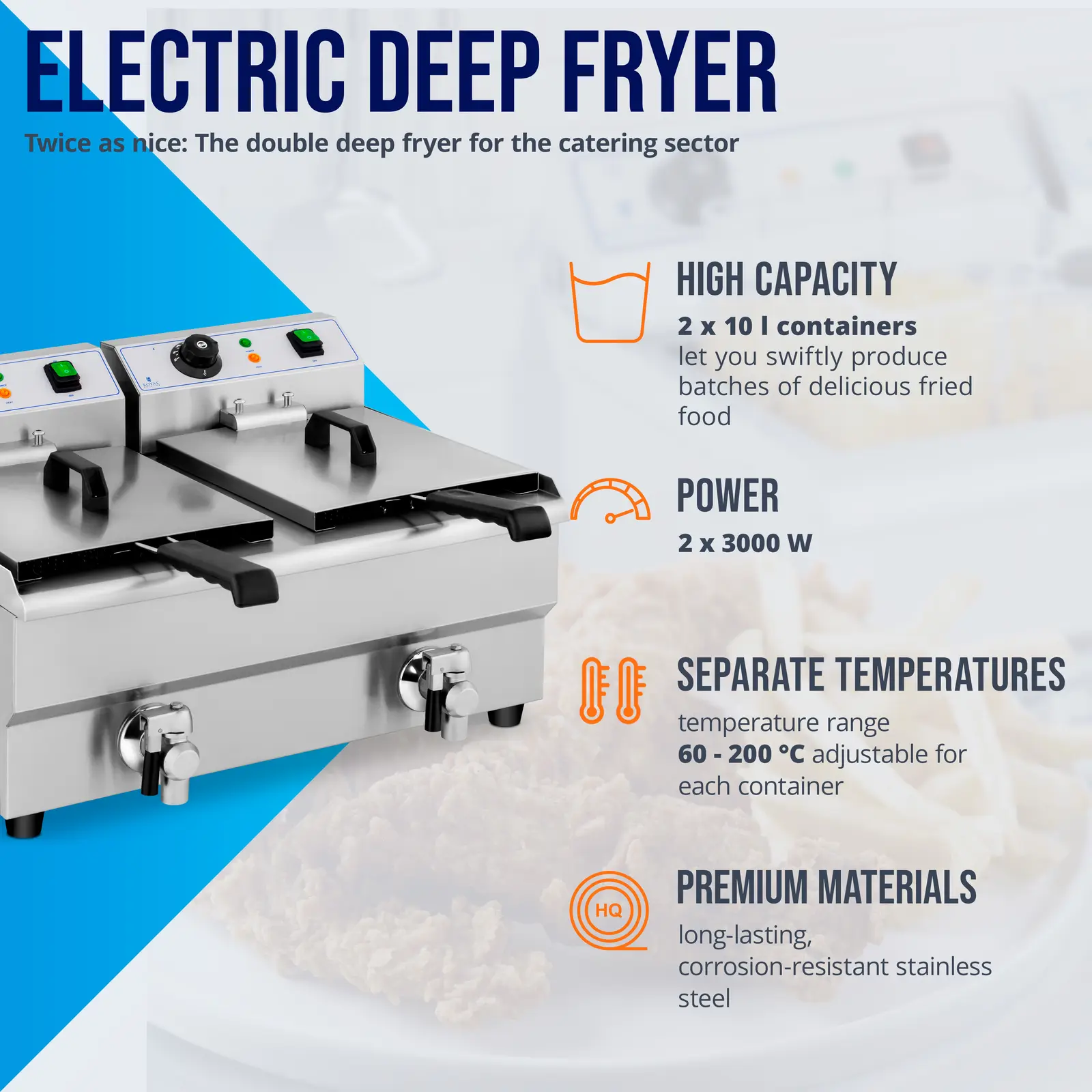 Elektrická fritéza - 2 x 10 l - výpustné kohouty - 230 V (Výpustný kohout: Ano)