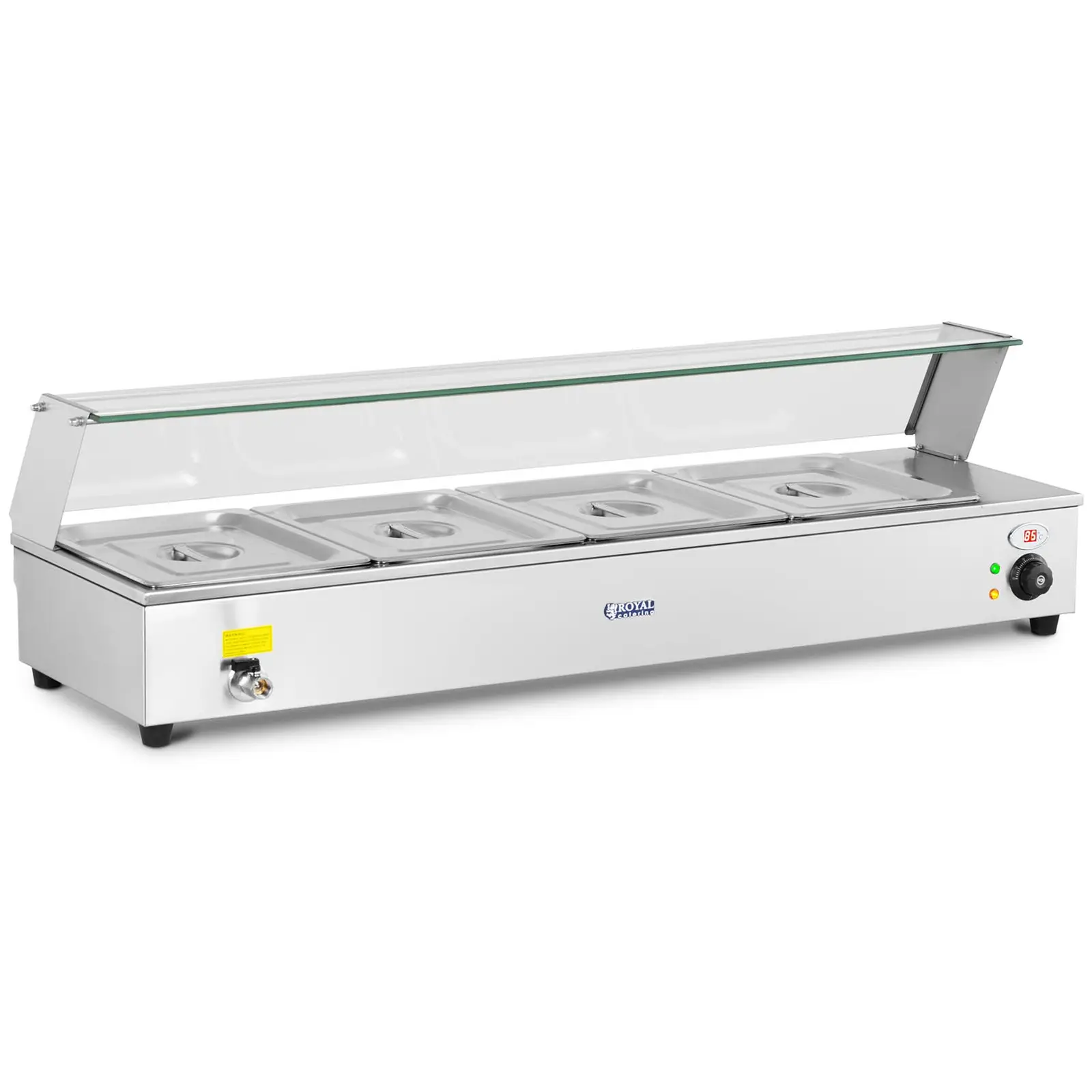 Bain Marie - 4xGN 1/2 tartály mellékelve - leeresztő csap - üvegfedél