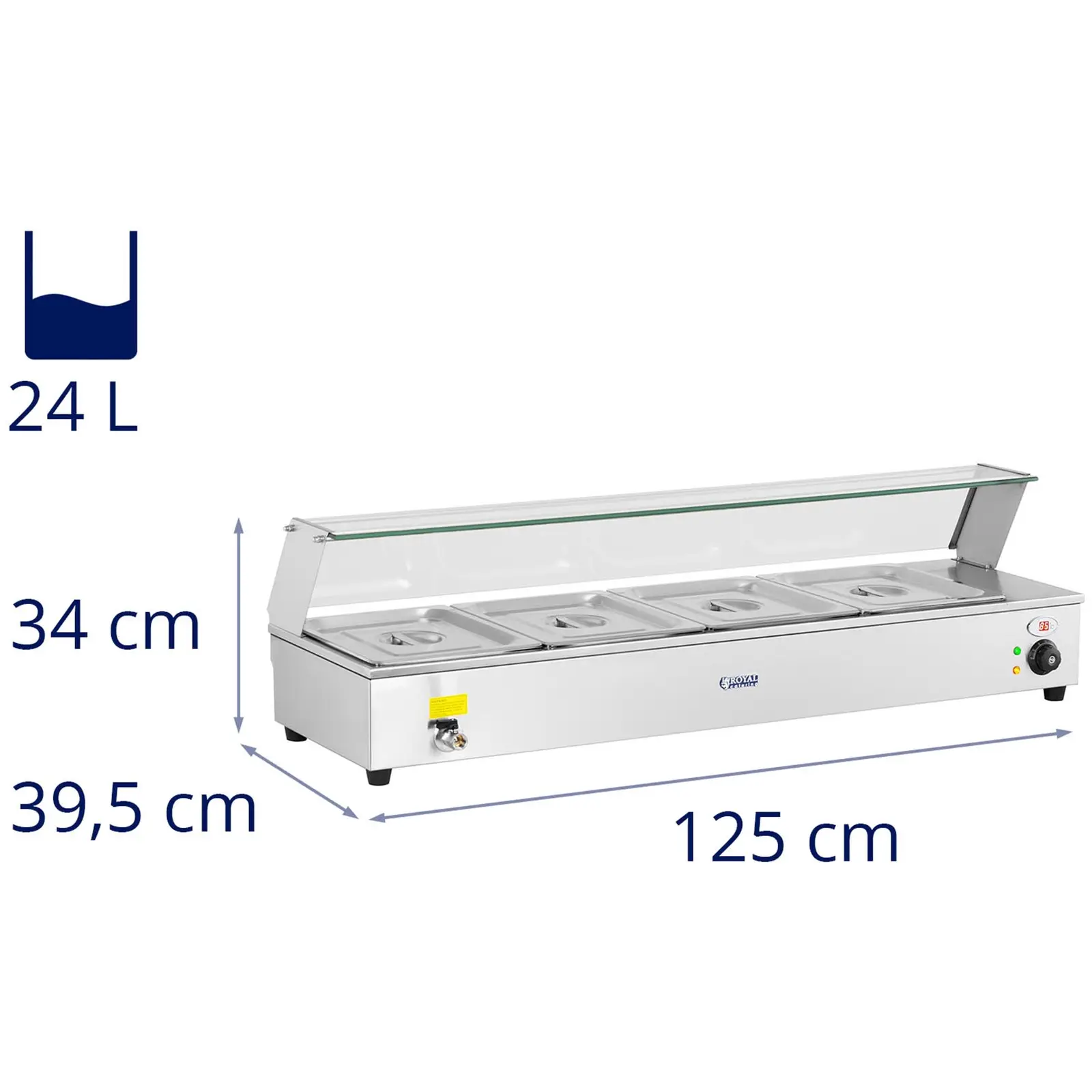 Bain Marie - 4xGN 1/2 tartály mellékelve - leeresztő csap - üvegfedél (Teljes kapacitás: 24 l)