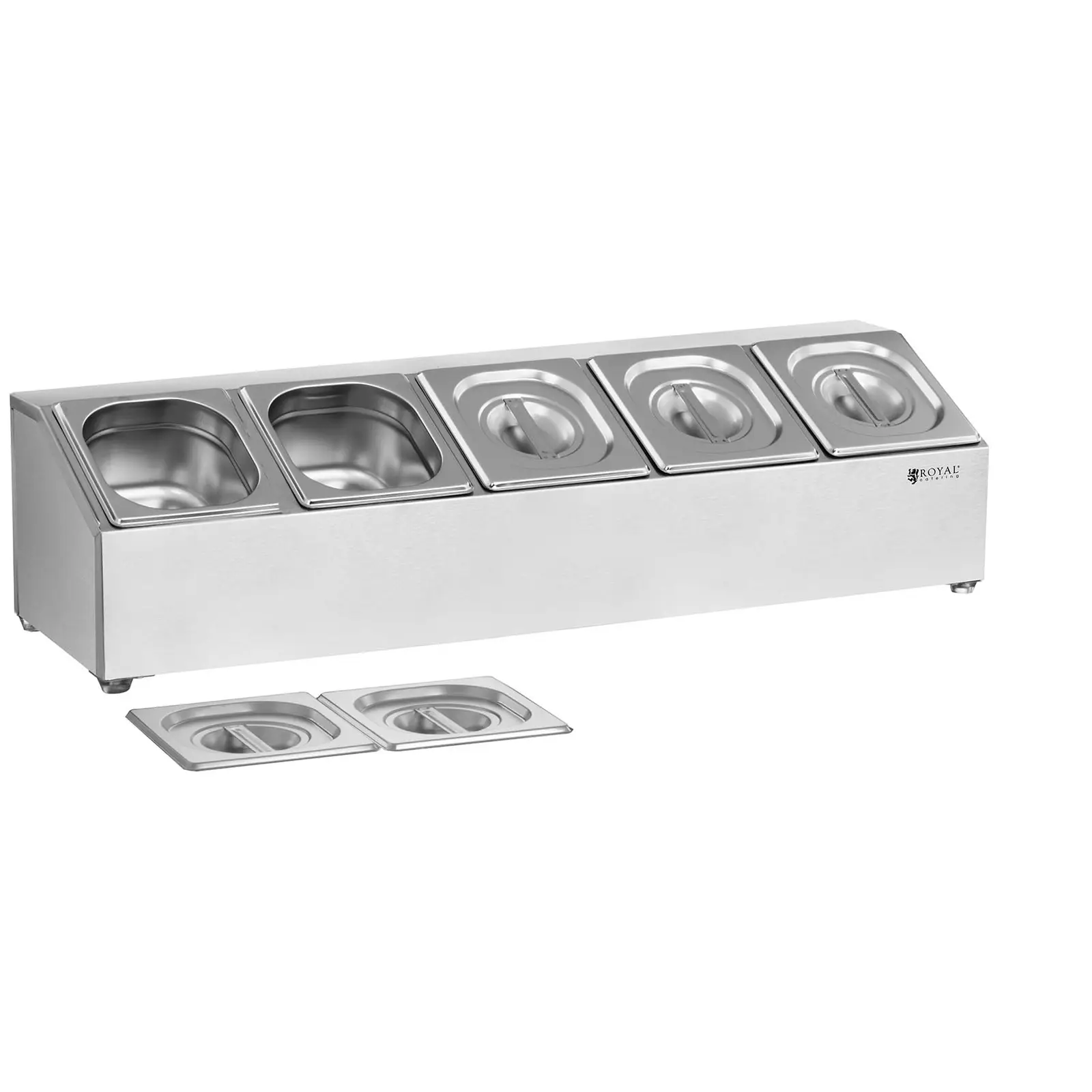 Espositore GN in acciaio inox - inclusi 5 contenitori GN 1/6 con coperchio