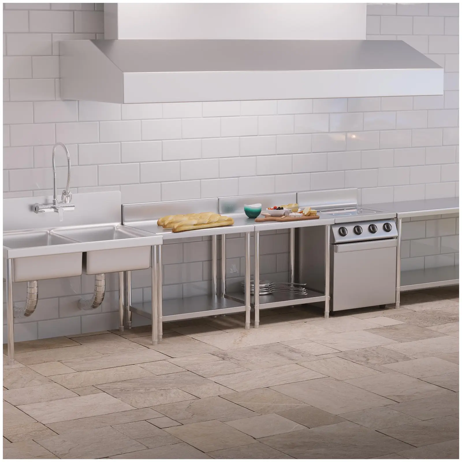Pracovní stůl z ušlechtilé oceli - ECO - 60 x 60 cm - 150 kg - lemování - Royal Catering (Počet polic: 2)