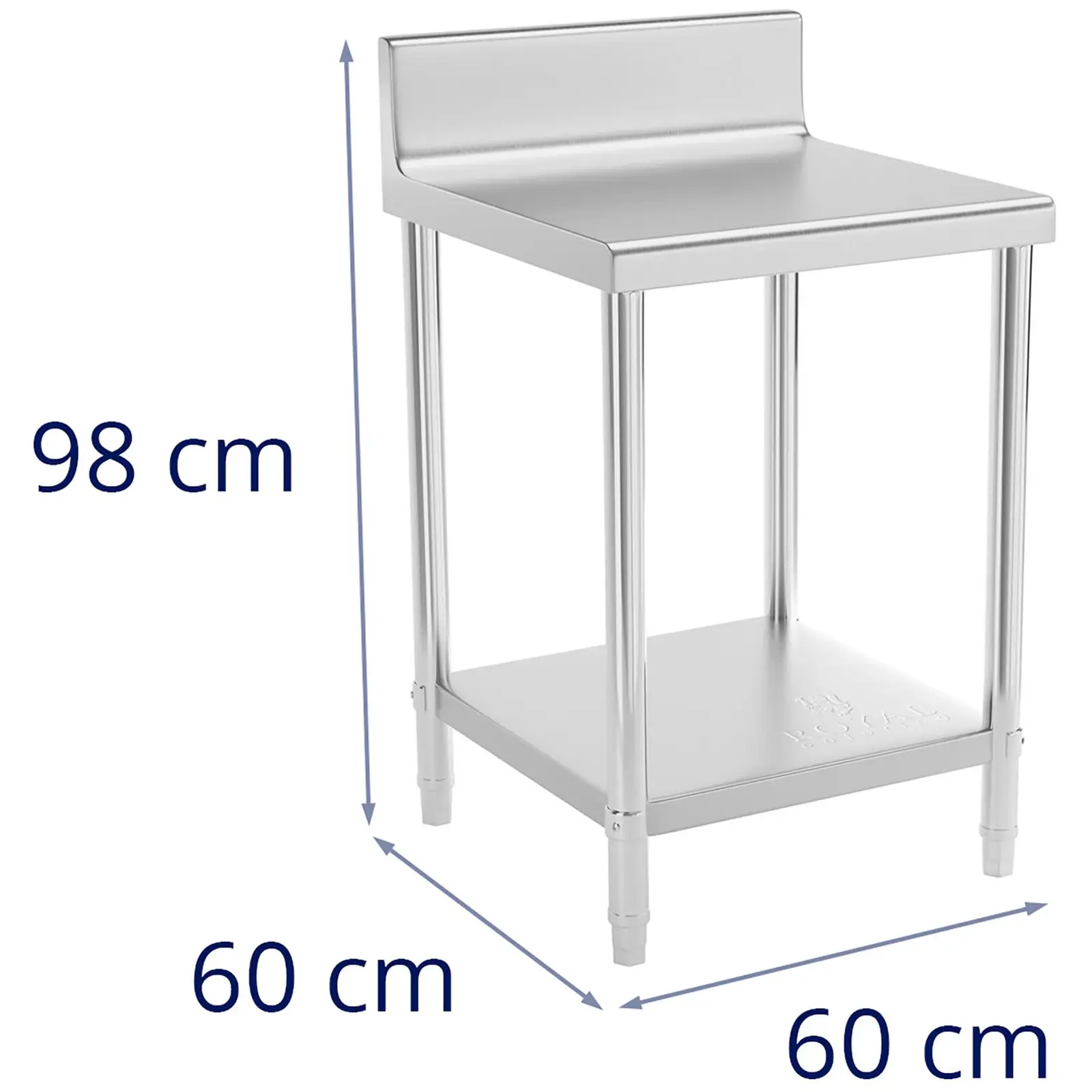 Pracovní stůl z ušlechtilé oceli - ECO - 60 x 60 cm - 150 kg - lemování - Royal Catering (Maximální odolnost dolní police: 100 kg)