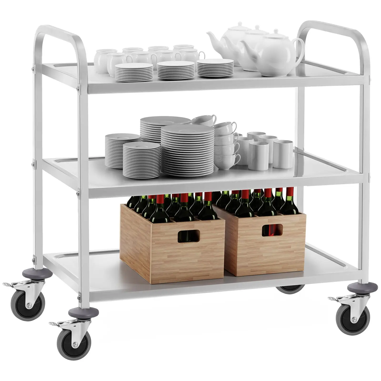 Chariot de service inox - 3 plateaux - 355 kg (Espacement étagères: 300 cm)