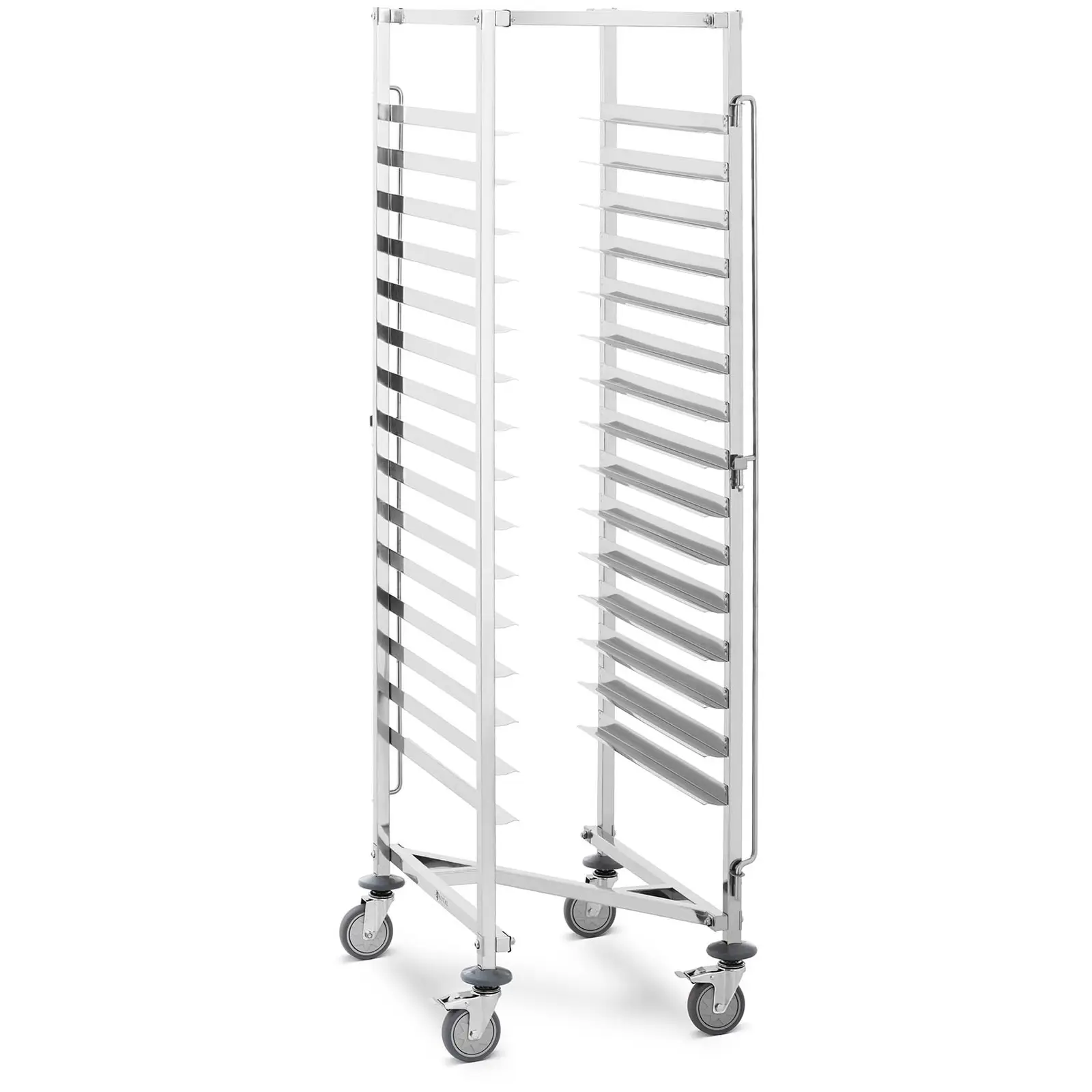 Tarjotinvaunu - ruostumaton teräs - 15 tasoa - pituussuuntainen - 150 kg - 2 turvakiskoa - Royal Catering 
