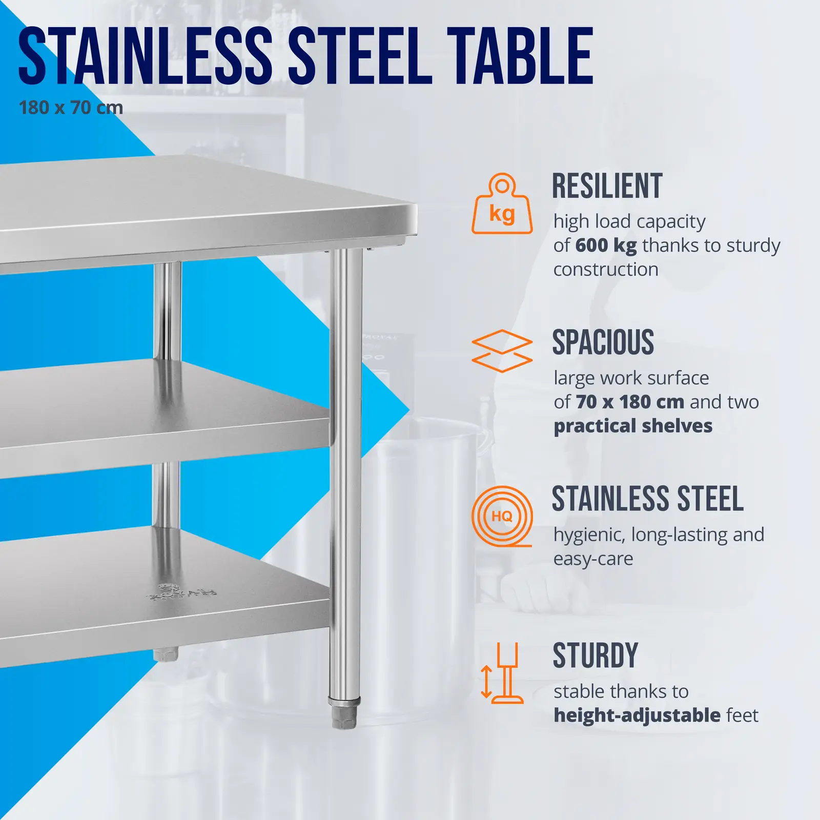 Table de travail inox - 70 x 180 cm - 600 kg - 3 niveaux