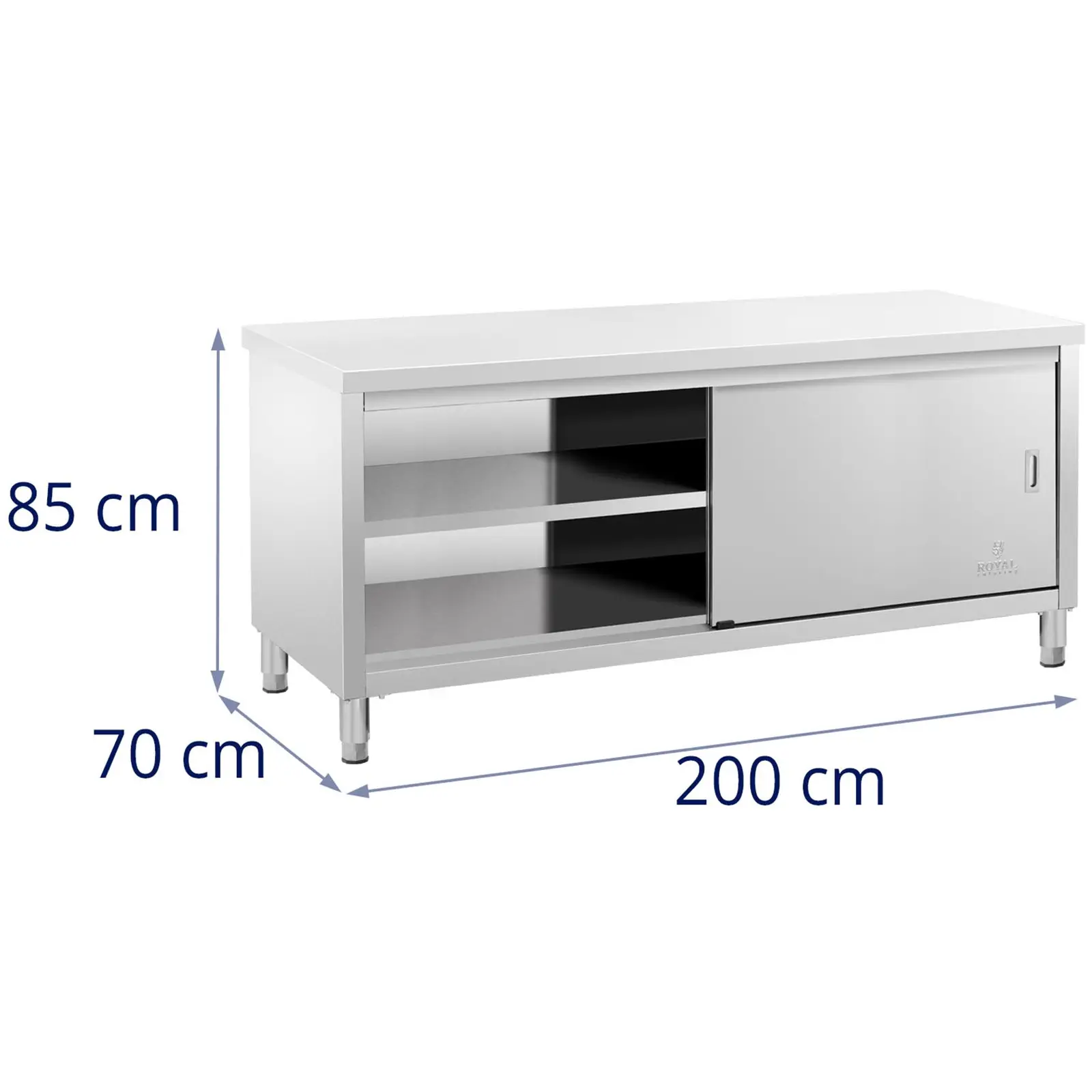 Pracovní skříň z ušlechtilé oceli - ECO - 200 x 70 cm - 600 kg - Royal Catering (Tloušťka desky stolu: 0.6 mm)