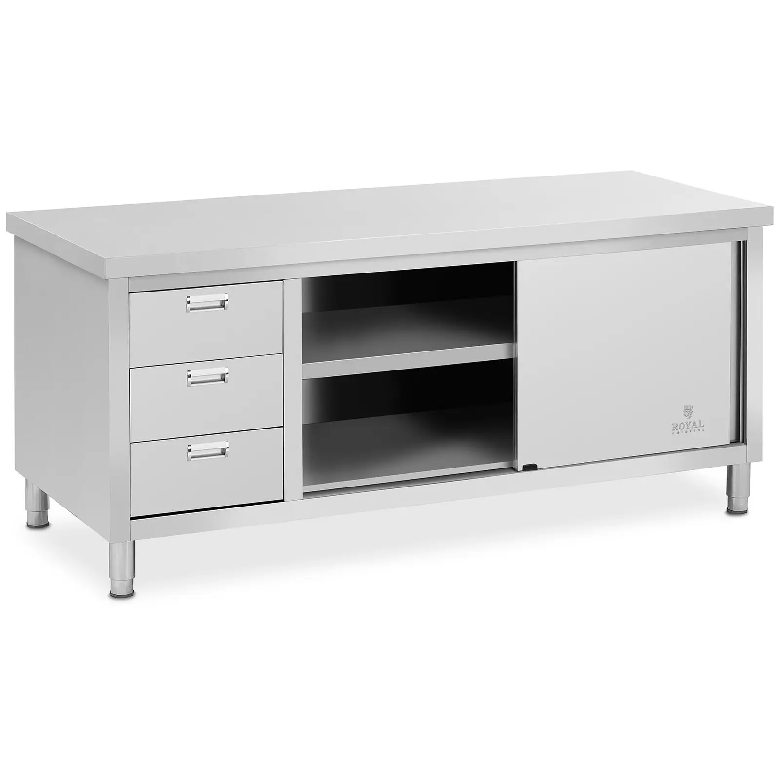 Pracovní skříň z ušlechtilé oceli – 200 x 70 x 85 cm – Royal Catering – nosnost 600 kg – 3 zásuvky