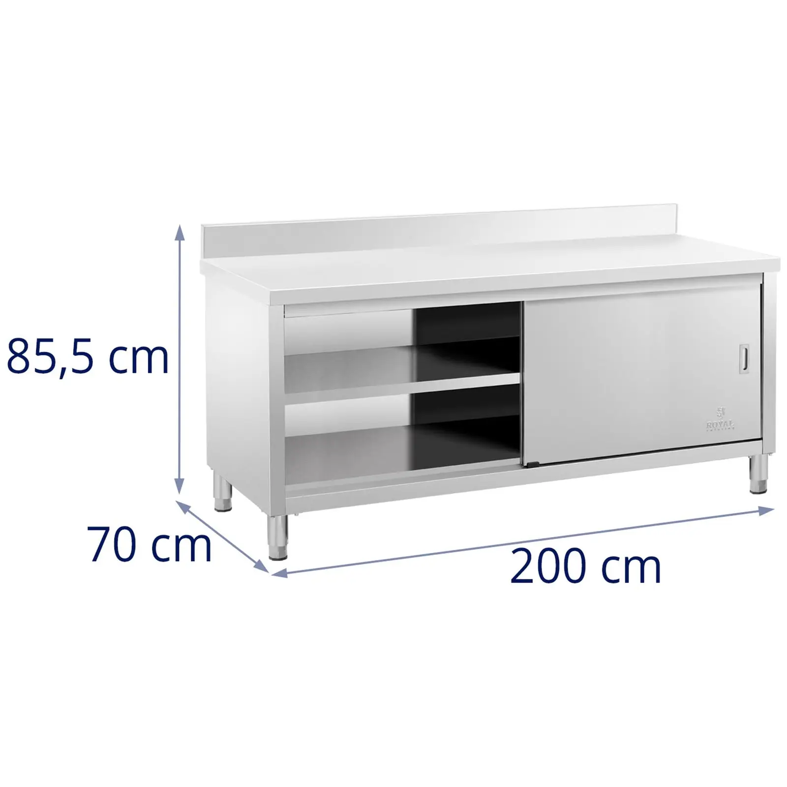 Meuble bas inox - ECO - 200 x 70 cm - 600 kg - Dosseret - Royal Catering (Réglage de la hauteur des pieds: 20 mm)