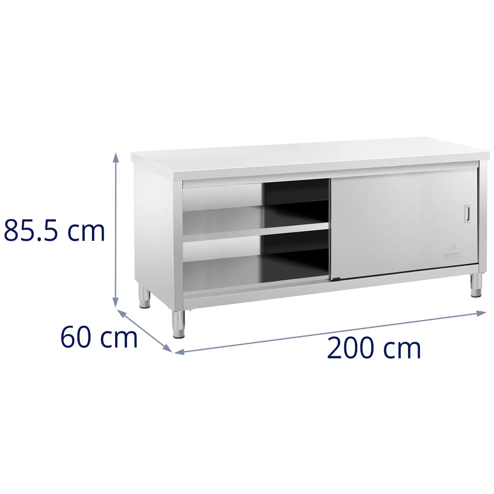 Edelstahl-Arbeitsschrank - ECO - 200 x 60 cm - 500 kg - Royal Catering (Höhenverstellung Füße: 20 mm)
