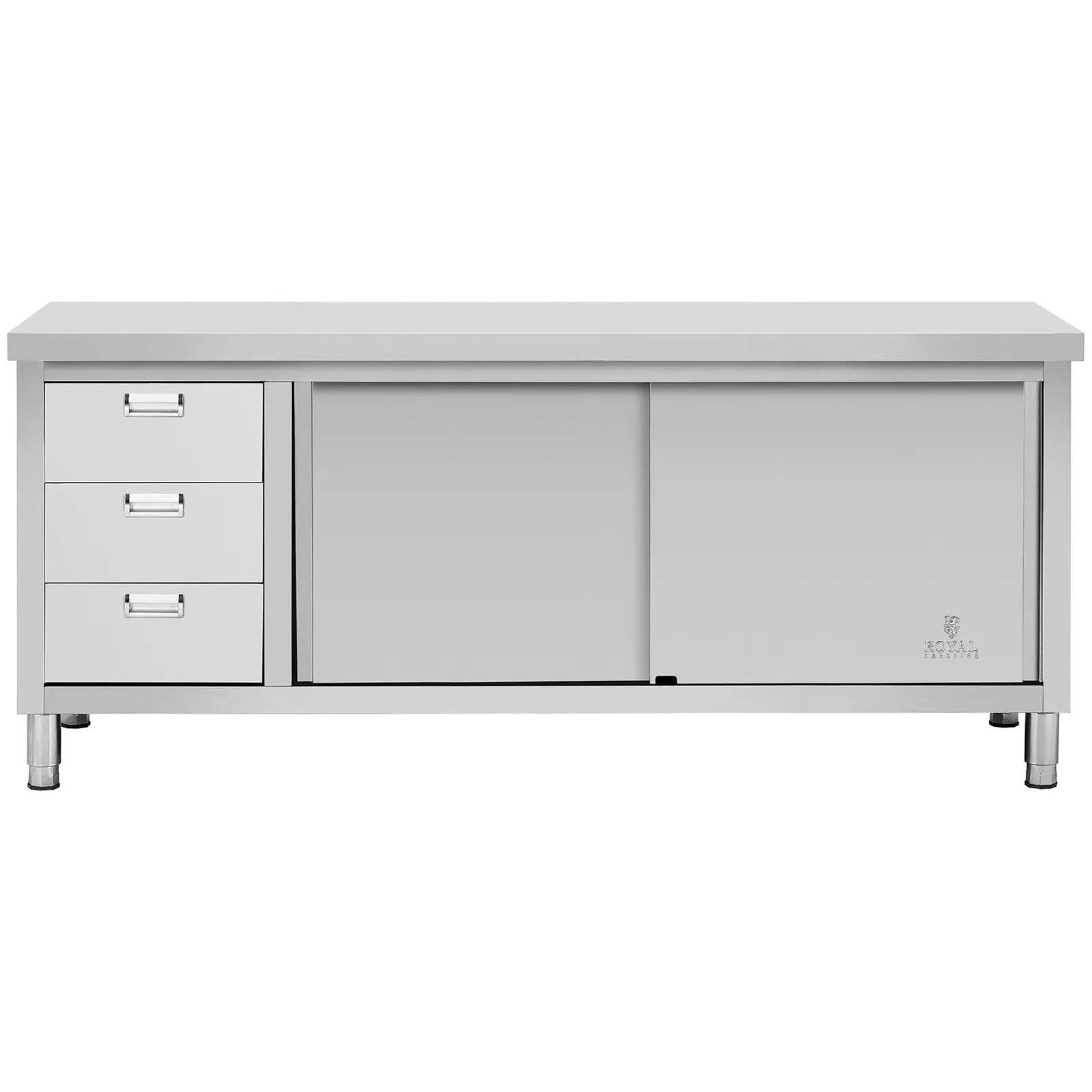 Seconda Mano Tavolo armadiato inox - 200 x 60 x 85 cm - Royal Catering con ante scorrevoli - 600 kg di capacità di carico