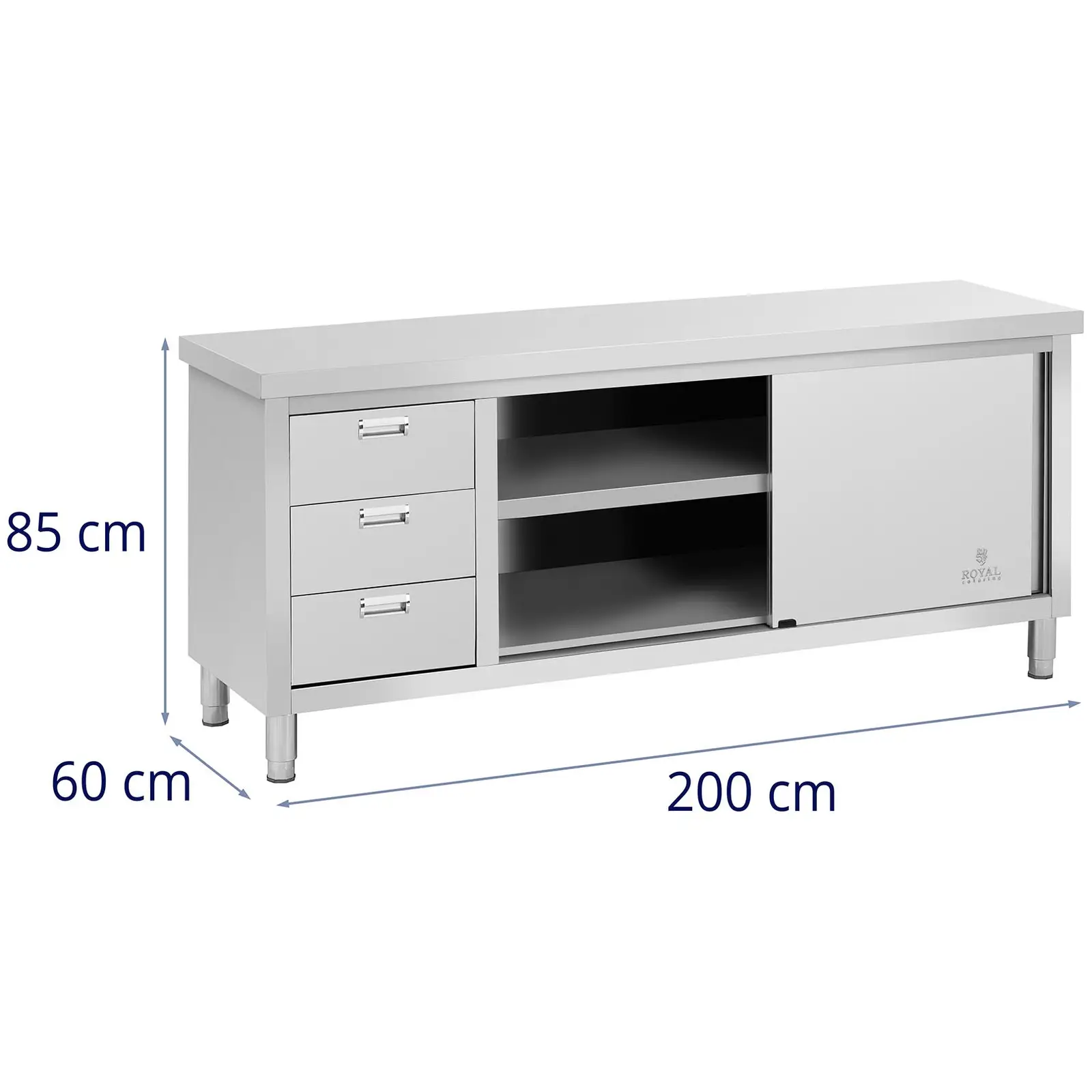 Pracovní skříň z ušlechtilé oceli – ECO - 200 x 60 cm - 600 kg - Royal Catering (Nastavení výšky nohou: 10 mm)