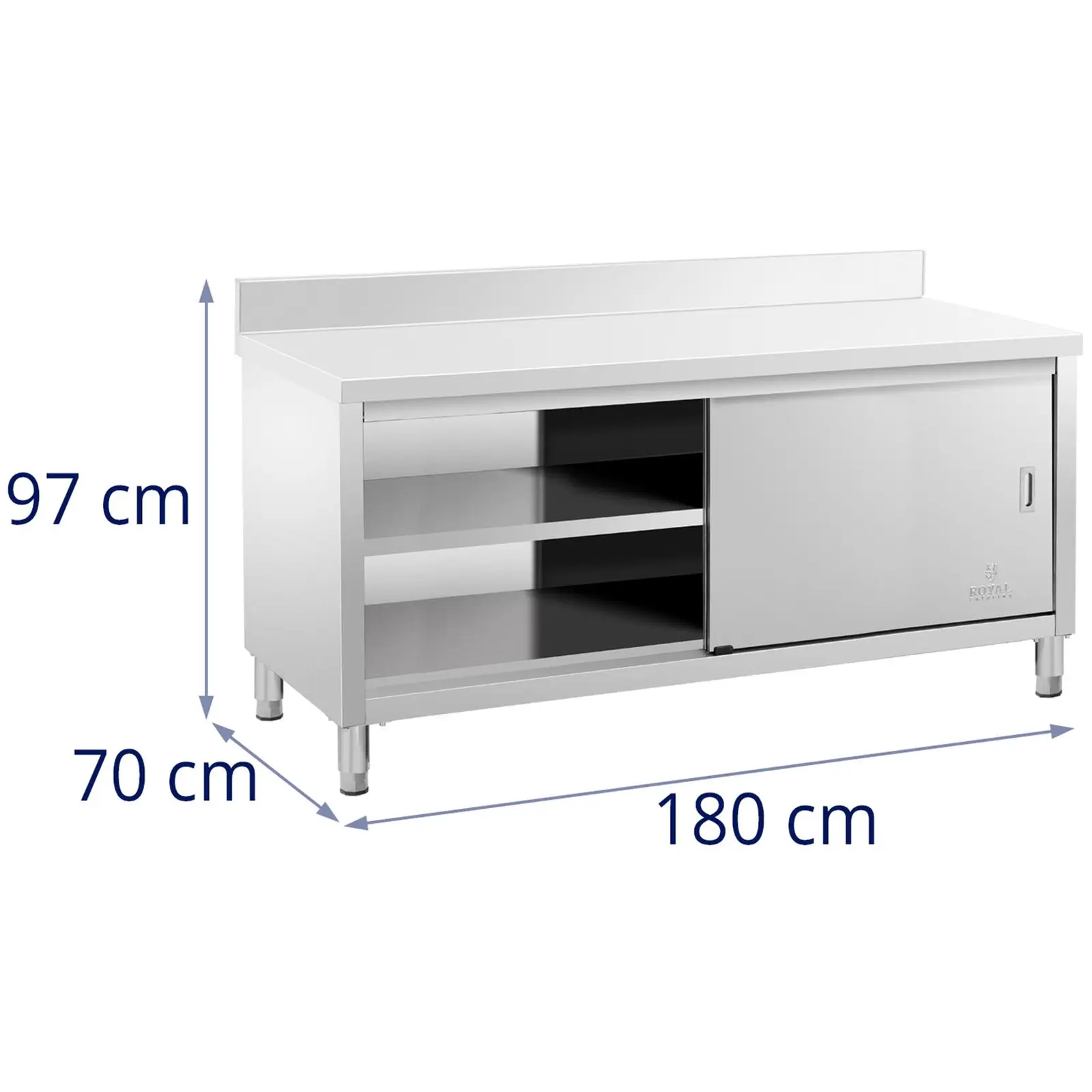 Rozsdamentes acél munkaszekrény - felhajló perem - 180 x 70 cm - max. 600 kg teherbírás