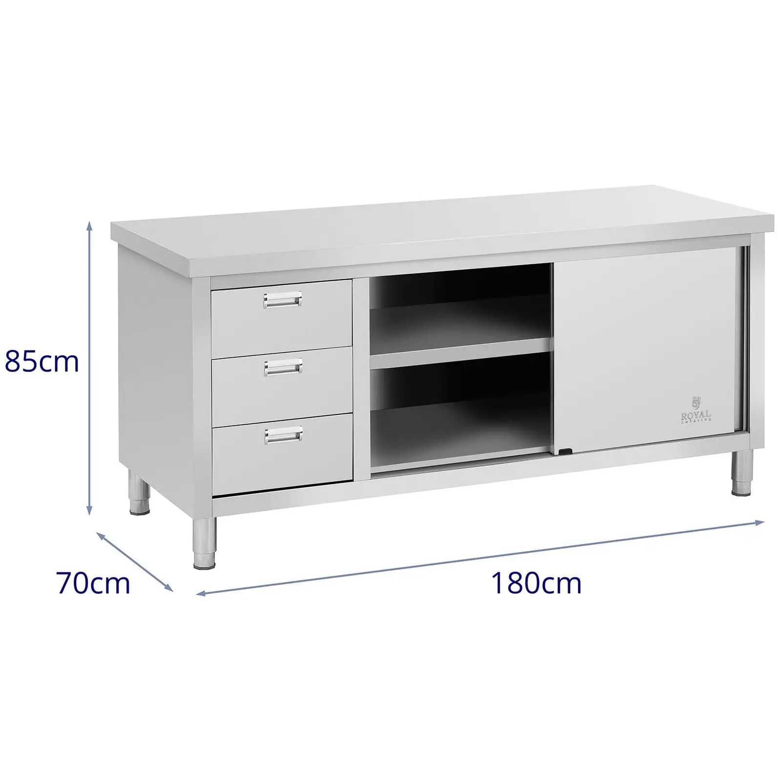 Meuble bas en inox - 180 x 70 x 85 cm - Royal Catering - Capacité de 600 kg - 3 tiroirs