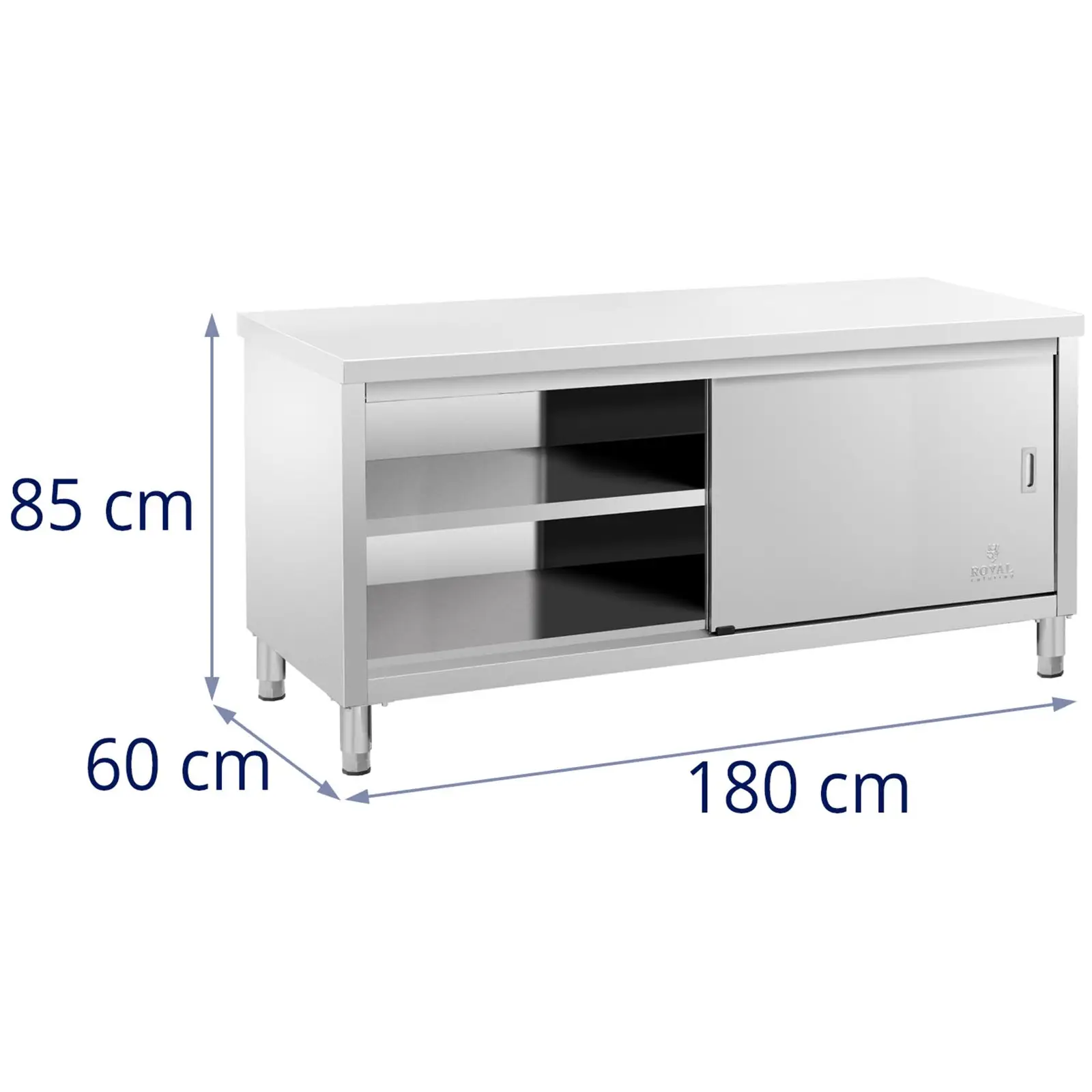 Edelstahl-Arbeitsschrank - ECO - 180 x 60 cm - 500 kg - Royal Catering (Höhenverstellung Füße: 20 mm)