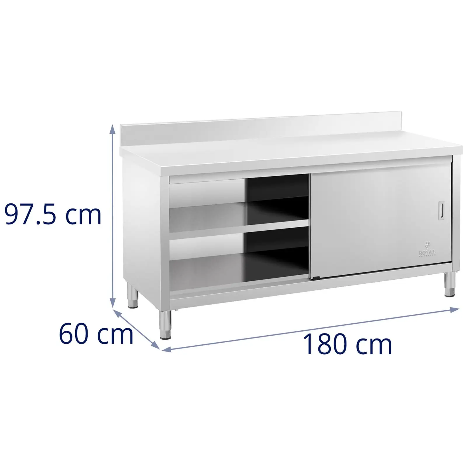 Pracovní skříň z ušlechtilé oceli - ECO - 180 x 60 cm - 600 kg - lemování - Royal Catering (Nastavení výšky nohou: 20 mm)