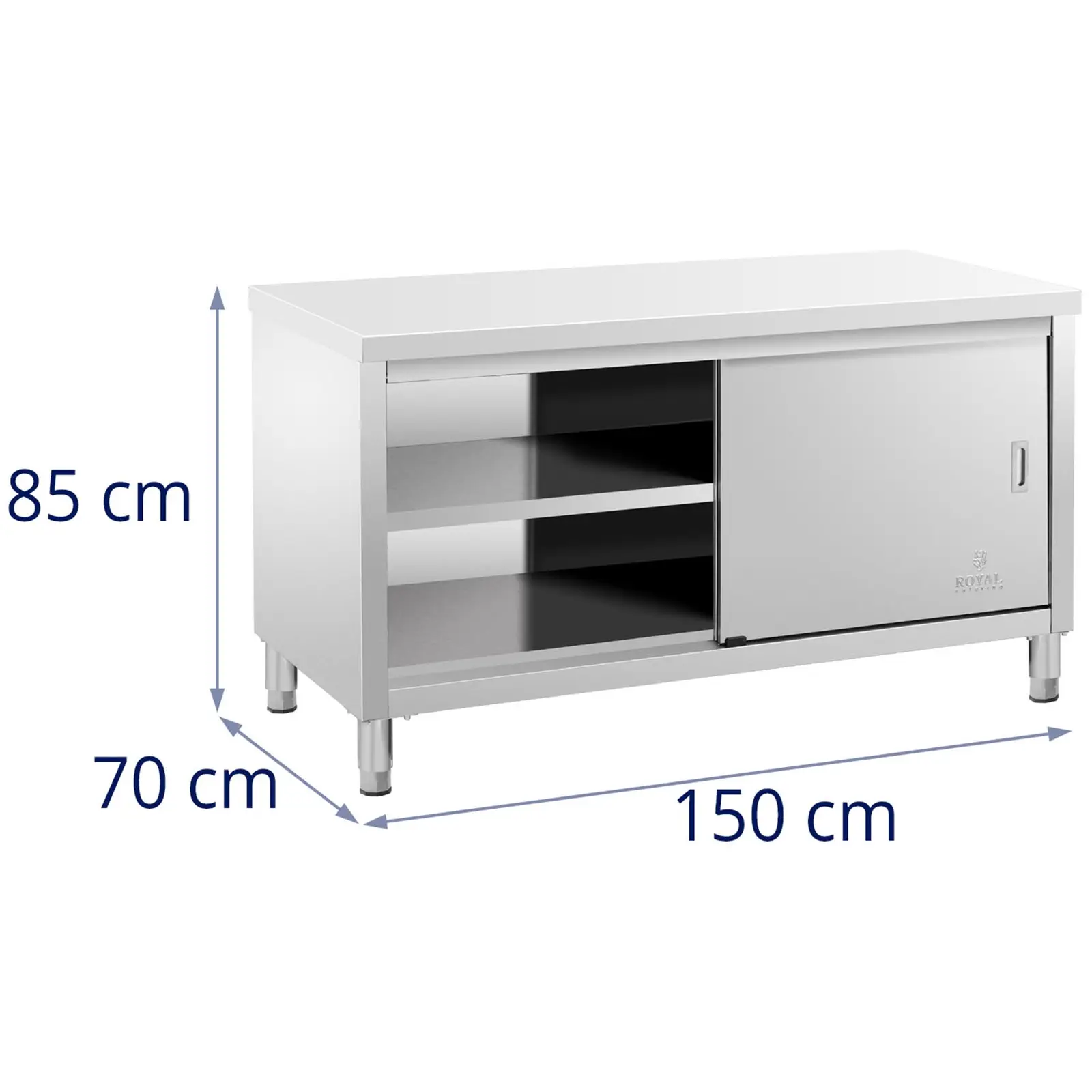 Meuble bas inox - ECO - 150 x 70 cm - 600 kg - Royal Catering (Réglage de la hauteur des pieds: 20 mm)