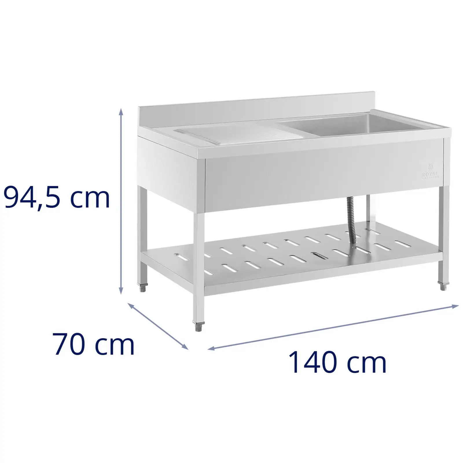 Mycí stůl - 1 x dřez - Royal Catering - Ušlechtilá ocel - 140 x 70 cm (Barva: Stříbrná)