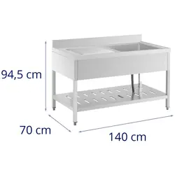 Mosogató asztal - 1 mosogatómedence - Royal Catering - Rozsdamentes acél - 140 x 70 cm