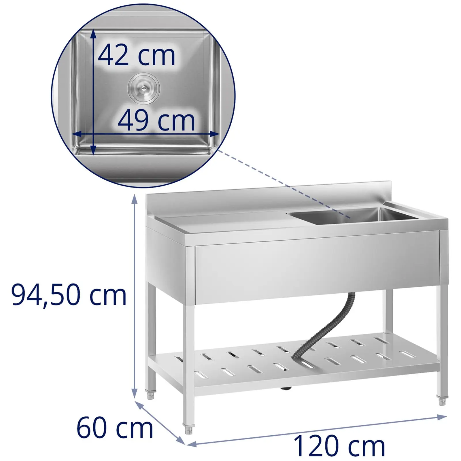 Mosogató asztal - 1 medence - rozsdamentes acél - 49 x 42 x 24,5 cm