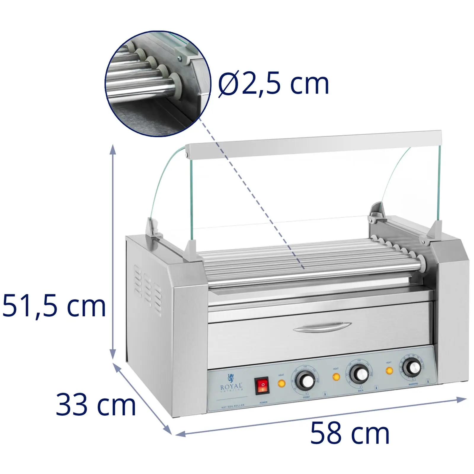 Asador de salchichas - 7 rodillos - cajón calentador - acero inoxidable