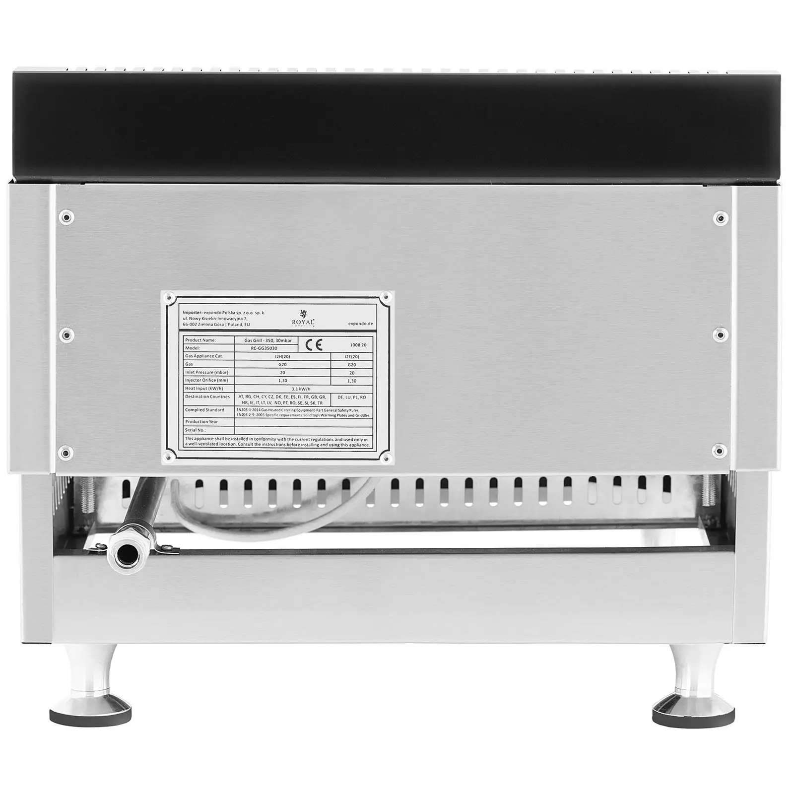 Grill gazowy - 35 x 40 cm - gładki - 3100 W - gaz ziemny - 0,02 bar